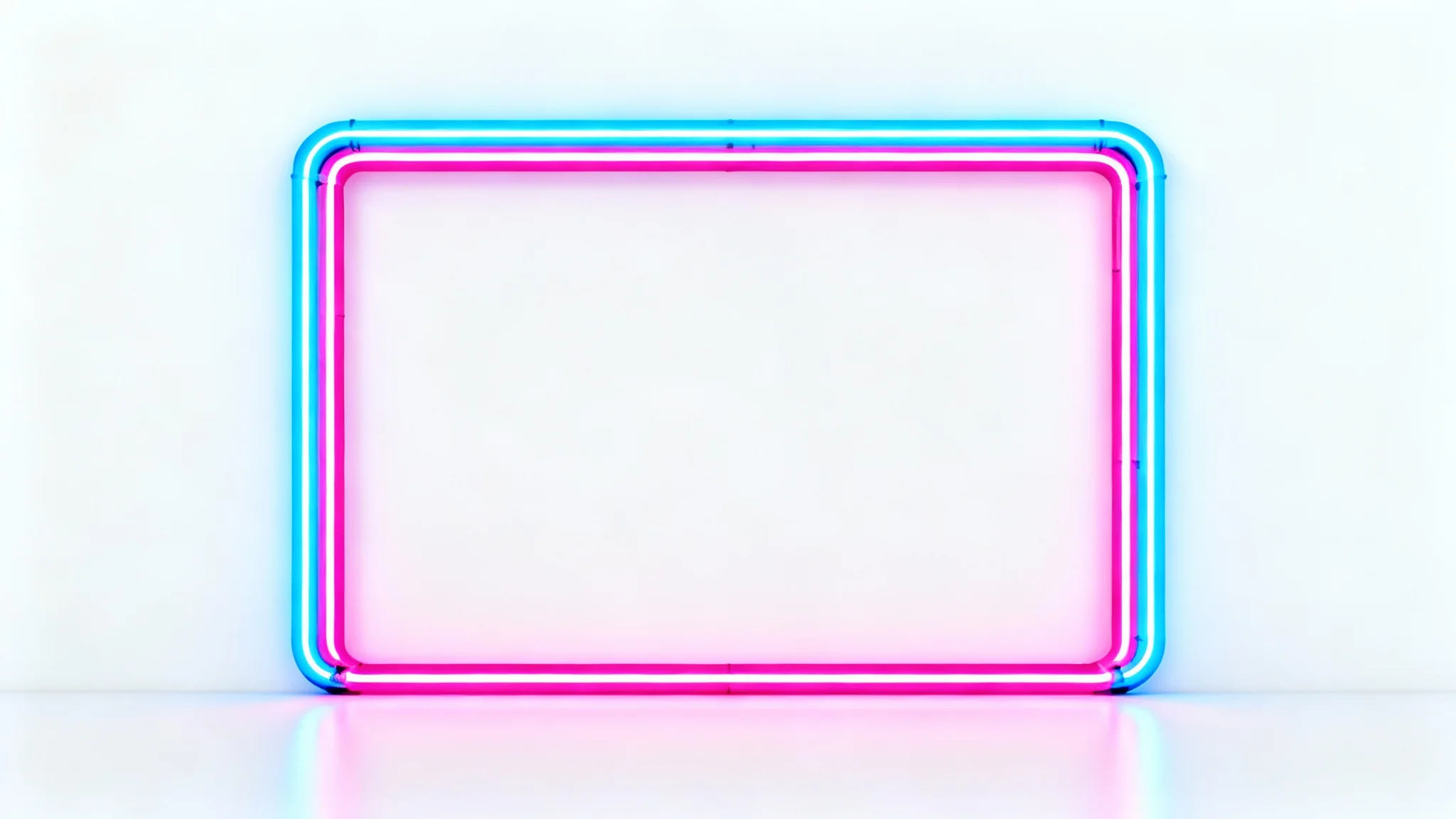A rectangular frame made of glowing blue and pink neon lights, casting a soft glow on a clean white background.