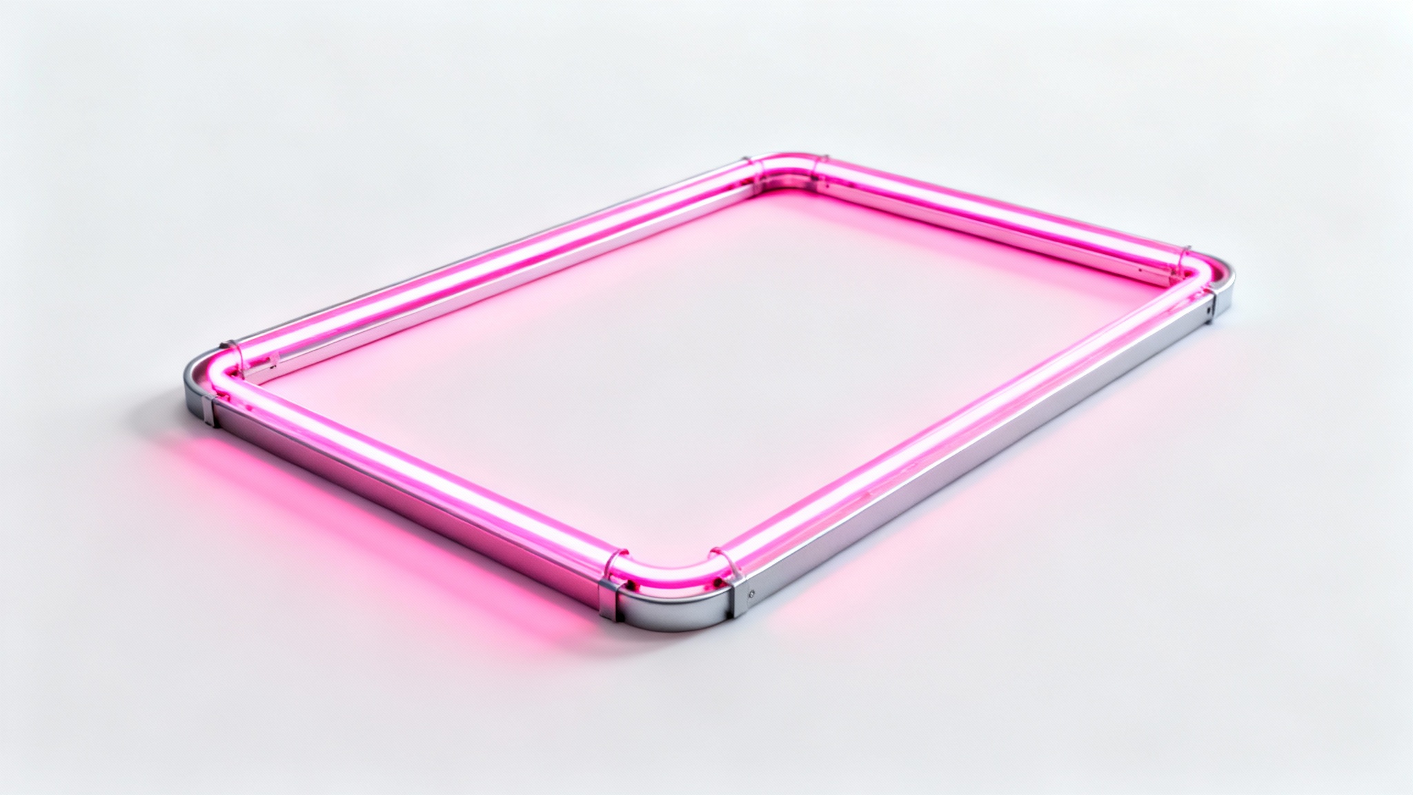 A rectangular photo frame made of glowing pink neon light, sitting on a clean white surface against a white background.