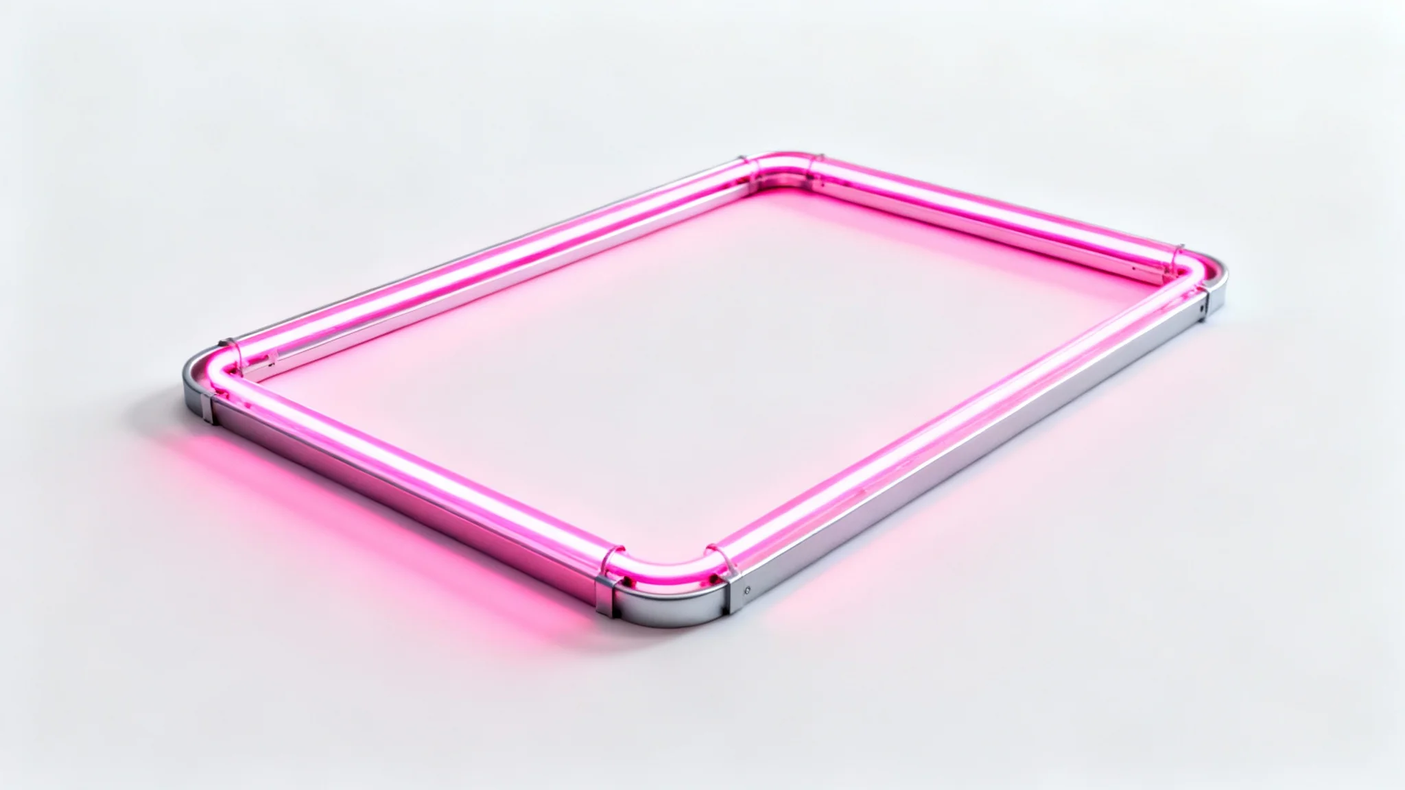 A rectangular photo frame made of glowing pink neon light, sitting on a clean white surface against a white background.
