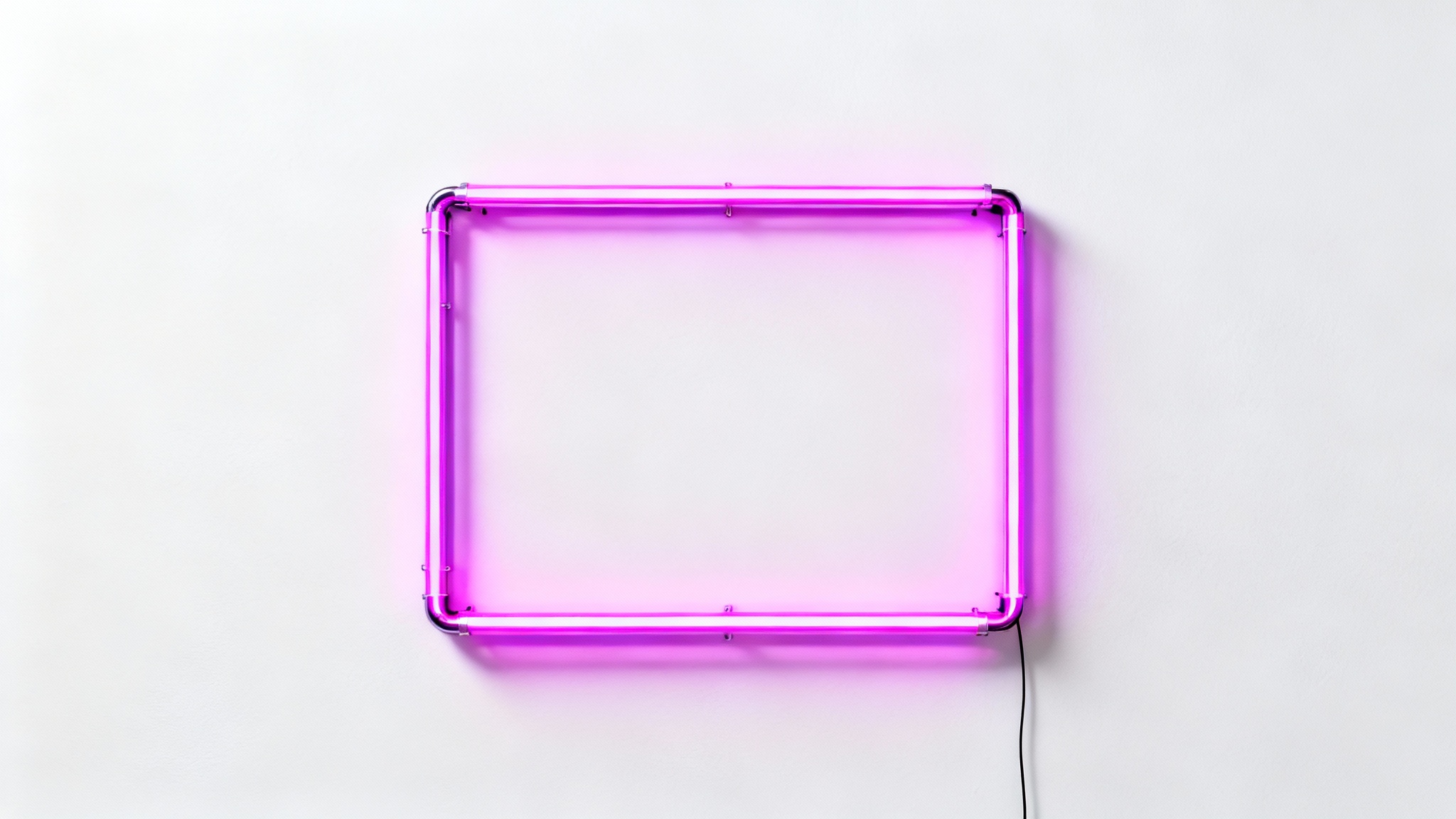 A rectangular neon frame glowing with a vibrant pink light, mounted on a plain white wall, creating a modern and eye-catching product display.