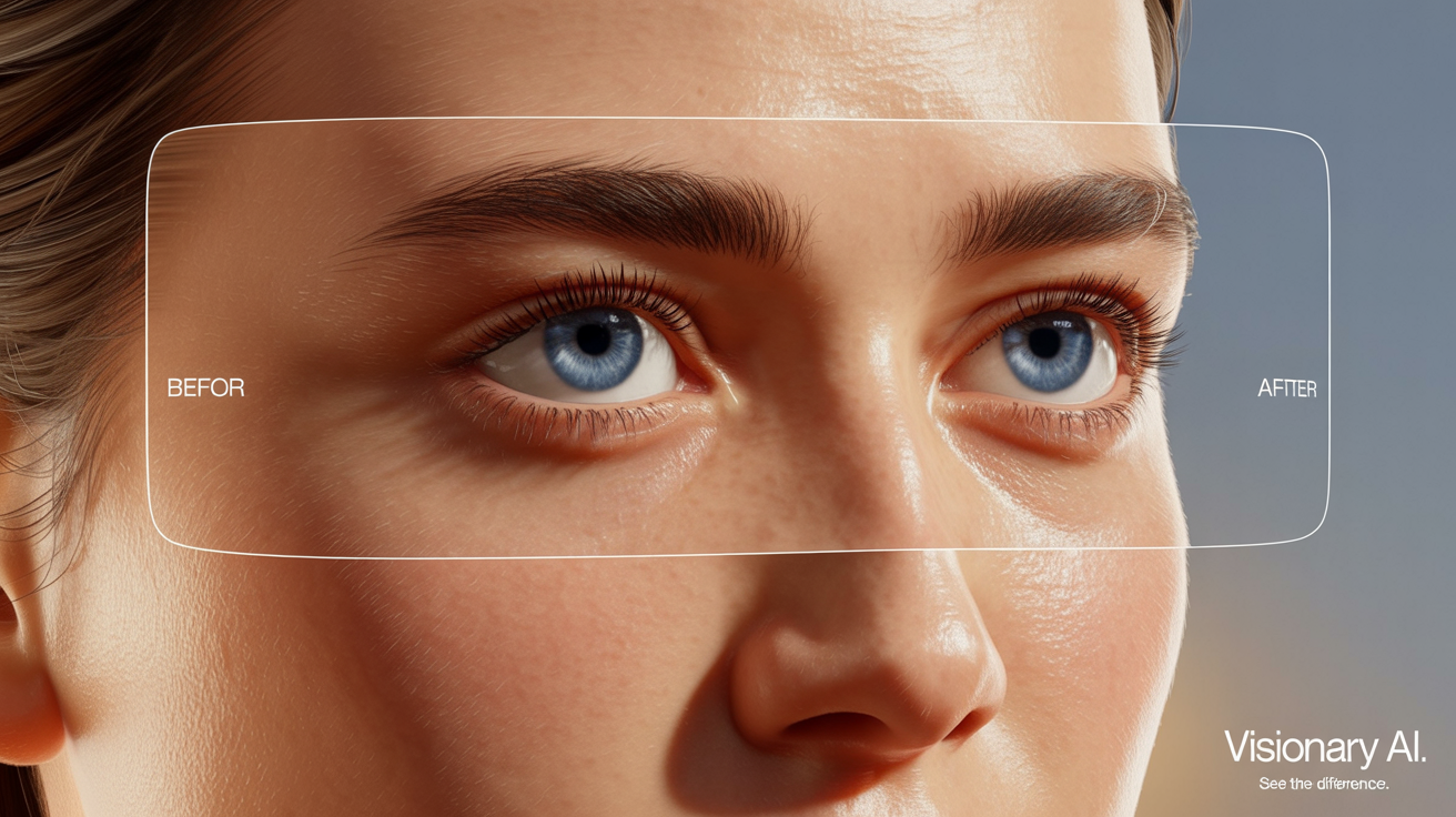 A 16:9 split-screen image demonstrating a gaze redirection tool. The 'Before' side shows a digital illustration of a person with blue eyes looking to the left. The 'After' side shows the same person, but their gaze is now corrected to look directly forward at the viewer, showing the effect of the AI tool.