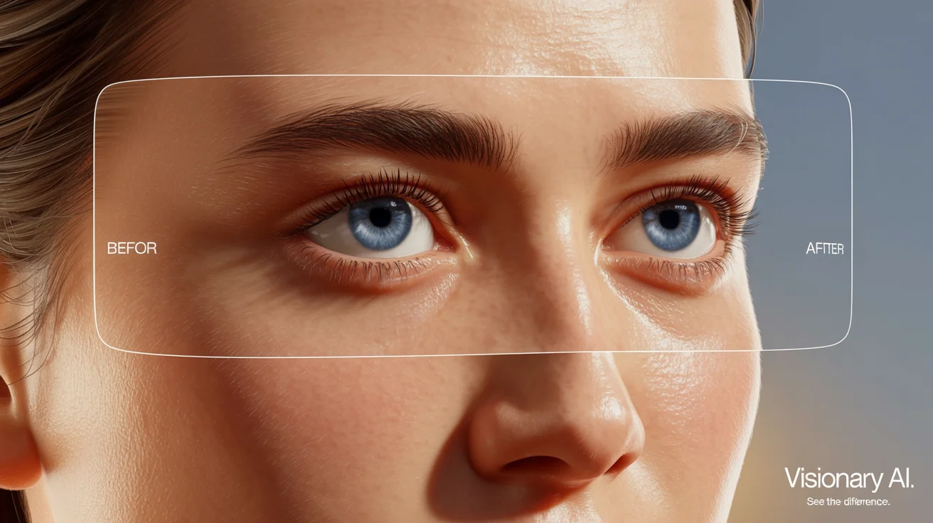 A 16:9 split-screen image demonstrating a gaze redirection tool. The 'Before' side shows a digital illustration of a person with blue eyes looking to the left. The 'After' side shows the same person, but their gaze is now corrected to look directly forward at the viewer, showing the effect of the AI tool.