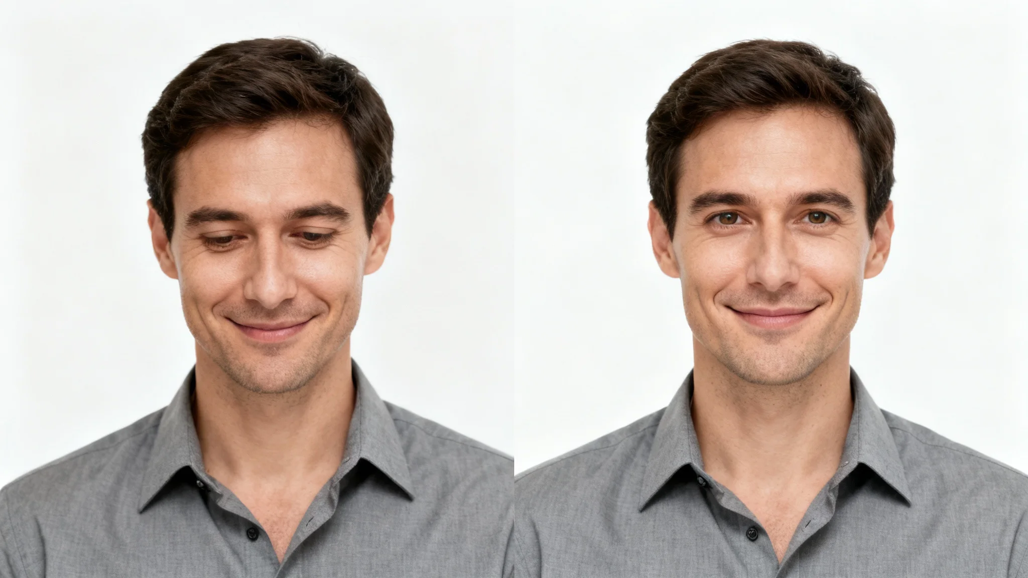 A before-and-after comparison showing the effect of gaze redirection. The left image shows a man looking away from the camera, and the right image shows the same man looking directly at the camera, making eye contact.
