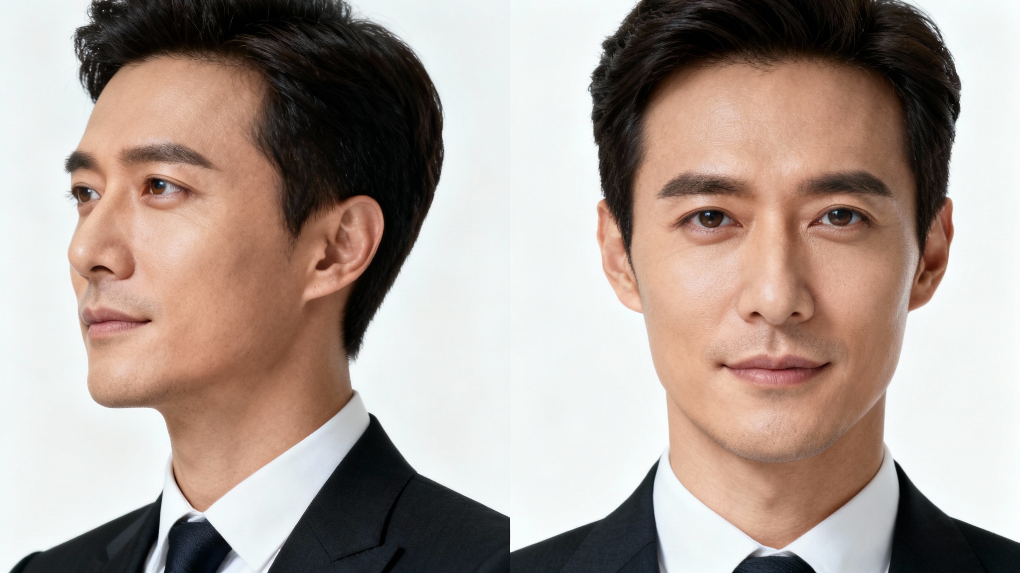 A before-and-after comparison image showing gaze redirection. The left side shows a man looking away from the camera, and the right side shows him looking directly at the camera.