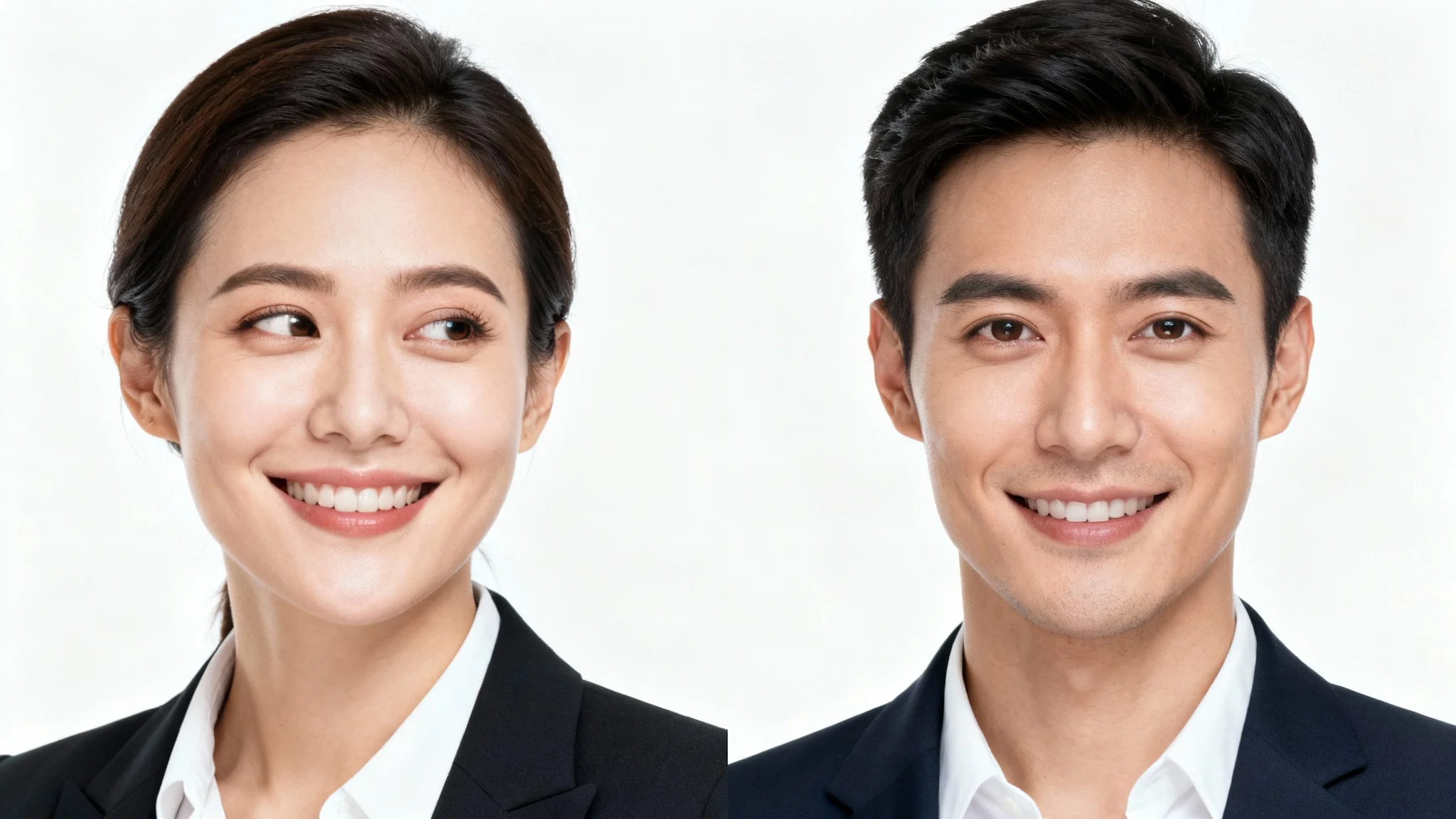 A split-screen comparison showing gaze redirection technology. The 'before' image on the left shows a person looking away, and the 'after' image on the right shows them making direct eye contact with the viewer.