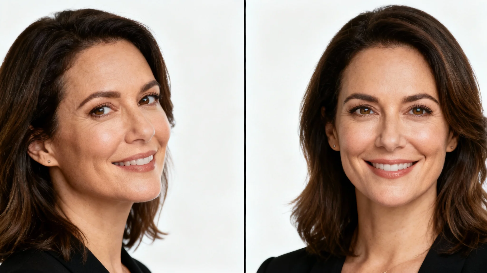 A split-image demonstrating gaze redirection: the left side shows a woman looking away from the camera, and the right side shows her looking directly at the camera, creating a more engaging effect.