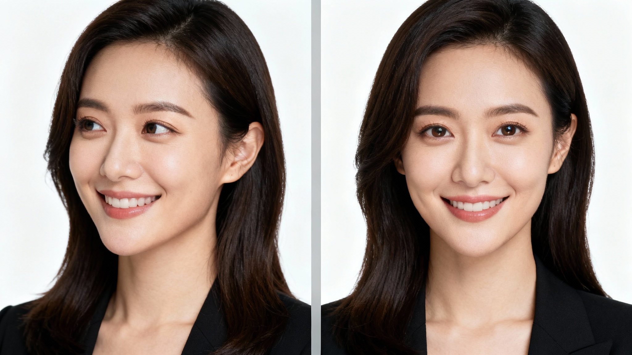 A before-and-after comparison of a woman's headshot. In the 'before' image, she is looking away from the camera. In the 'after' image, her gaze has been redirected to make direct eye contact with the viewer.
