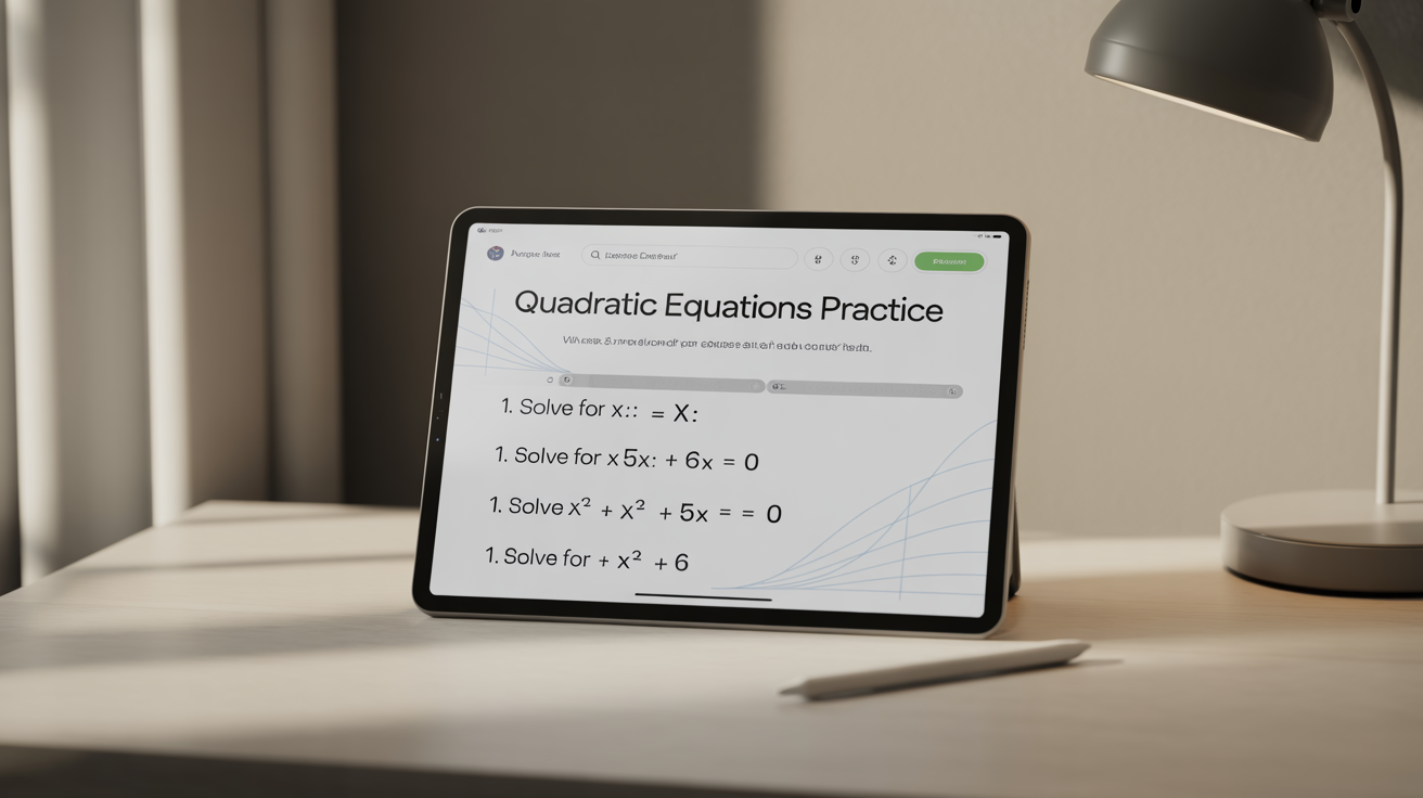 A digital tablet displaying a professionally designed quadratic equations worksheet on a clean, modern desk. This represents the final output of an educational design tool.