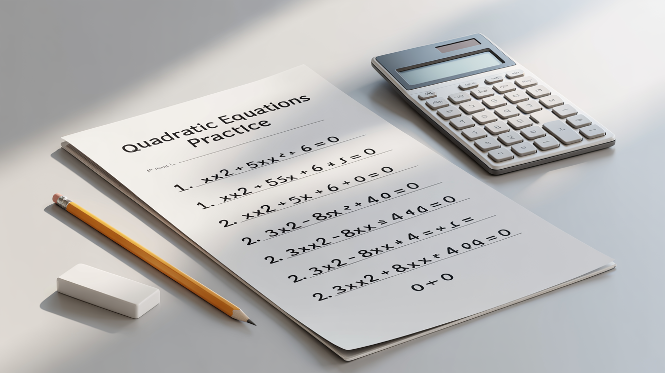 A mockup of a quadratic equations worksheet on a white background, with a pencil, eraser, and calculator nearby, illustrating educational material.