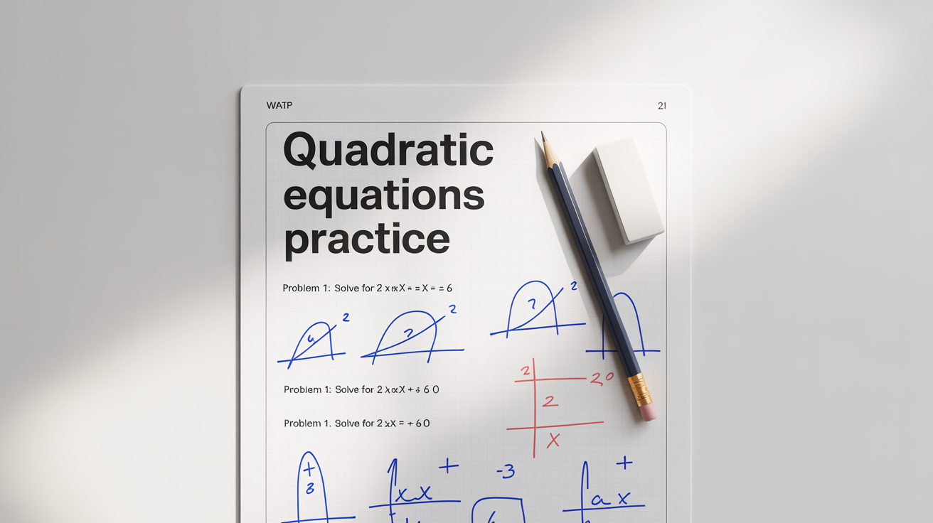 A top-down view of a quadratic equations math worksheet with problems, graphs, and handwritten solutions, next to a pencil and eraser on a white background.