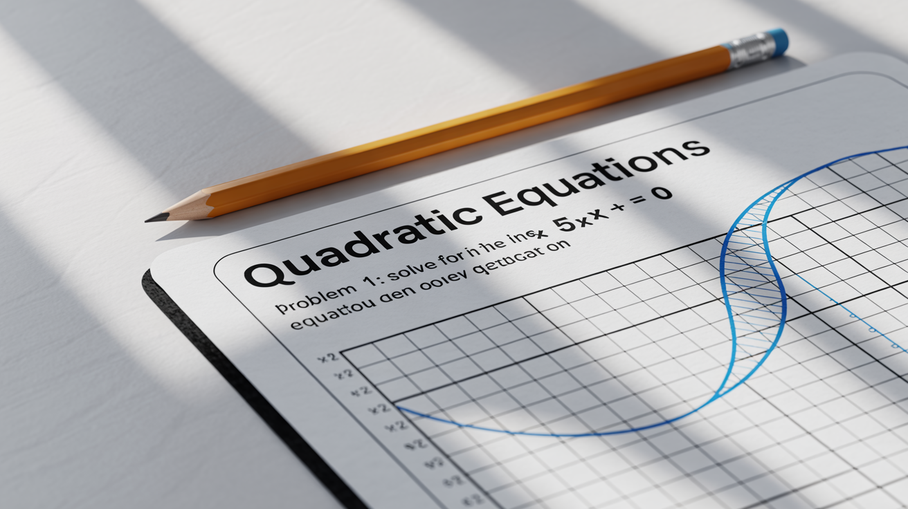 A math worksheet about quadratic equations, with sample problems and a graph of a parabola, shown on a clean white surface with a pencil next to it.