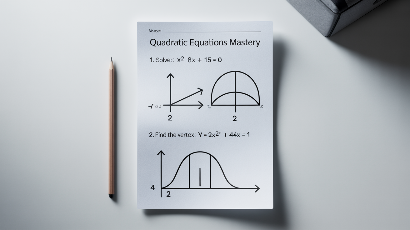 A professionally designed quadratic equations worksheet titled 'Quadratic Equations Mastery' with problems and a graph of a parabola, shown on a clean white background with a pencil next to it.
