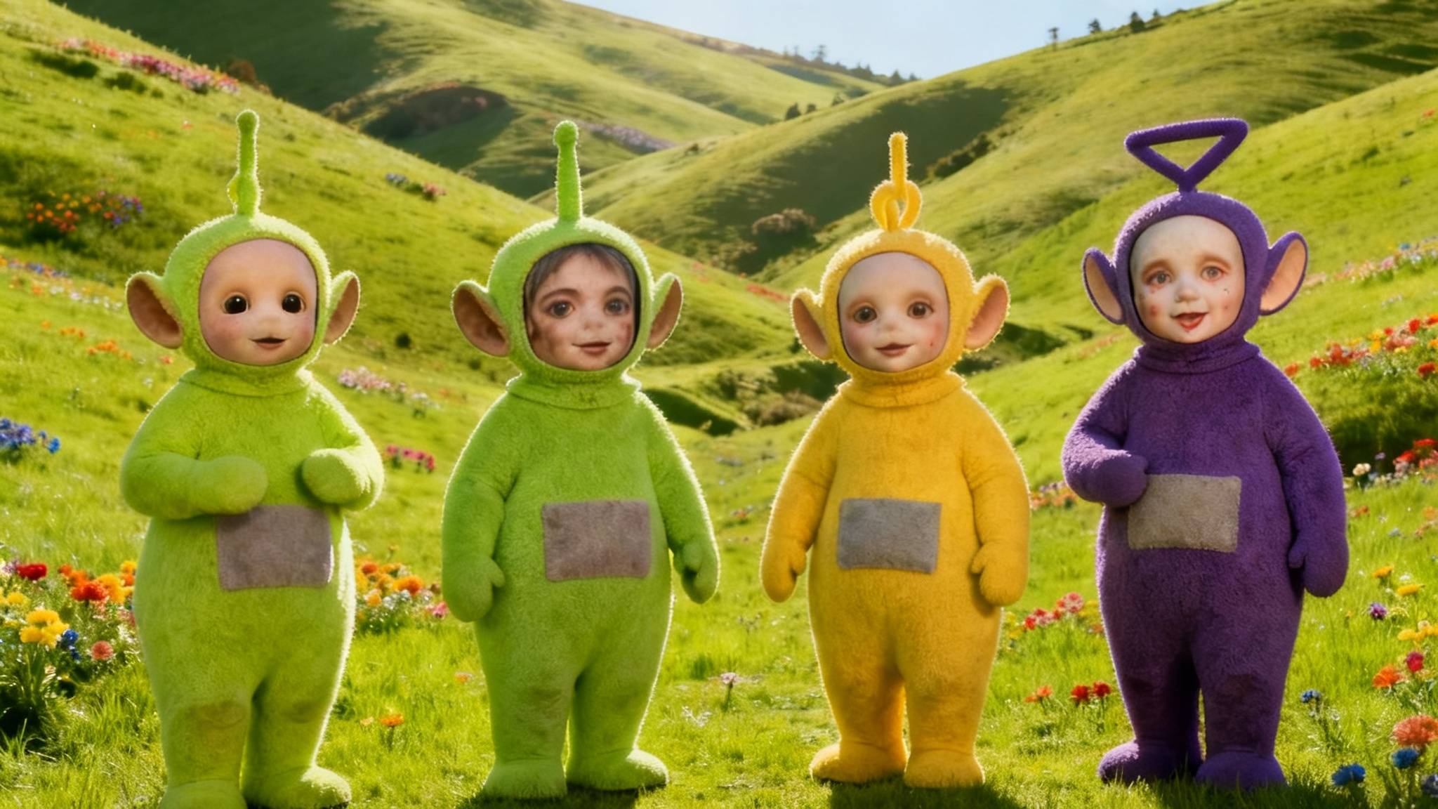 An amusing result of a face swap tool showing the four Teletubbies in their hilly, green landscape, but their faces have been perfectly swapped with each other, creating a humorous and surreal effect.