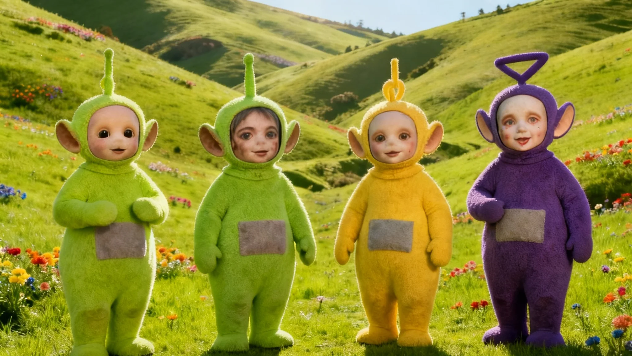 An amusing result of a face swap tool showing the four Teletubbies in their hilly, green landscape, but their faces have been perfectly swapped with each other, creating a humorous and surreal effect.