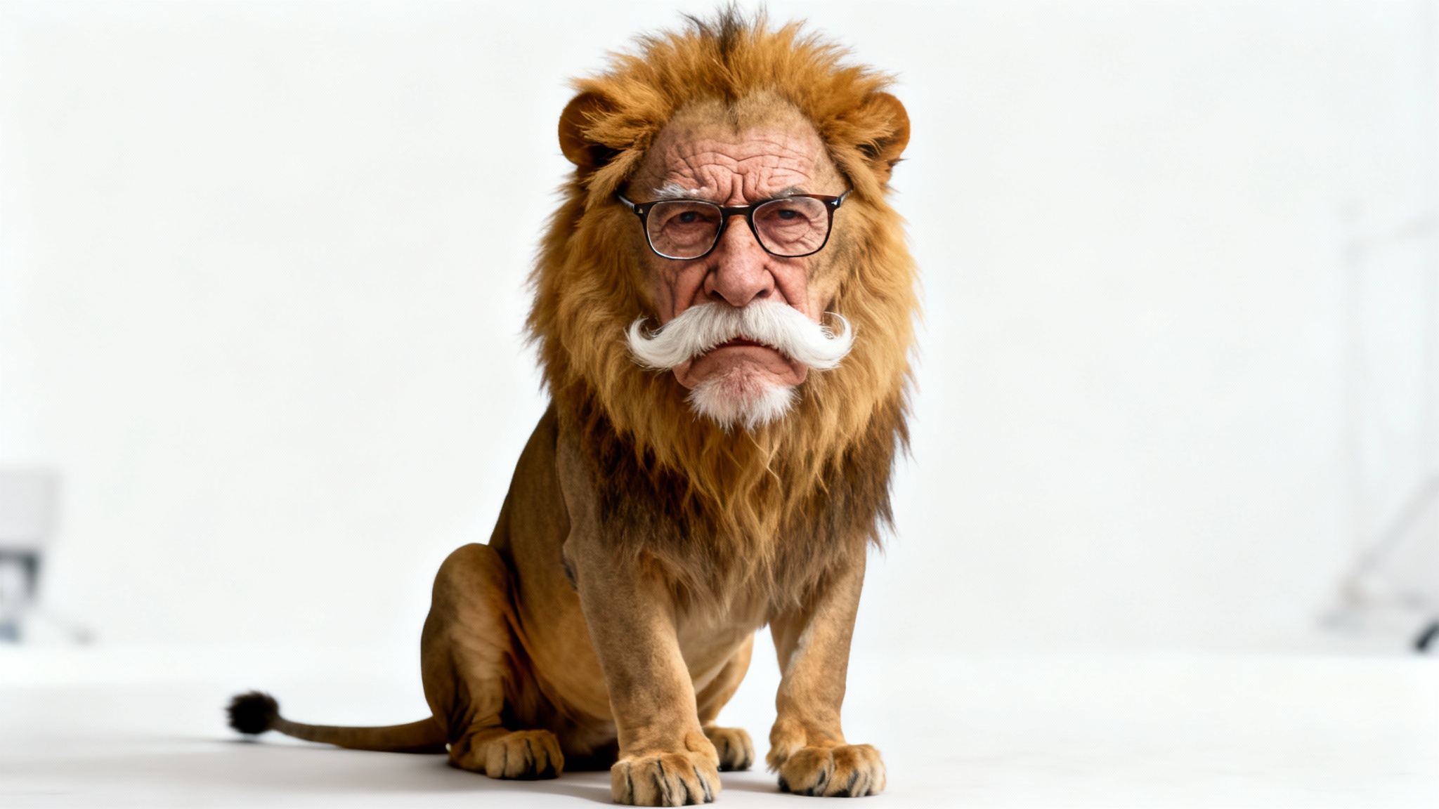A photorealistic and comical image of a face swap, showing the head of a grumpy elderly man with a mustache and glasses on the body of a majestic lion, set against a plain white background.