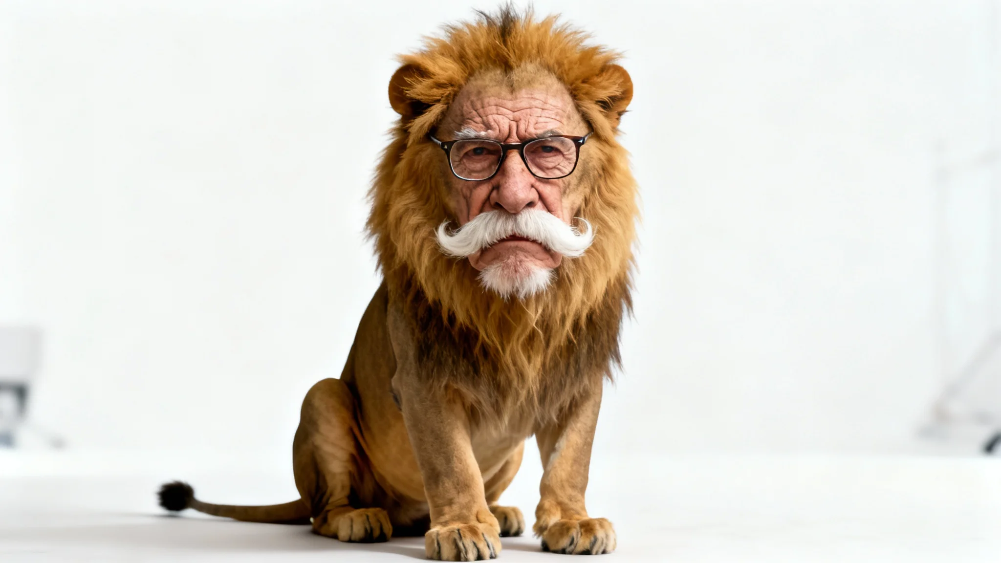 A photorealistic and comical image of a face swap, showing the head of a grumpy elderly man with a mustache and glasses on the body of a majestic lion, set against a plain white background.