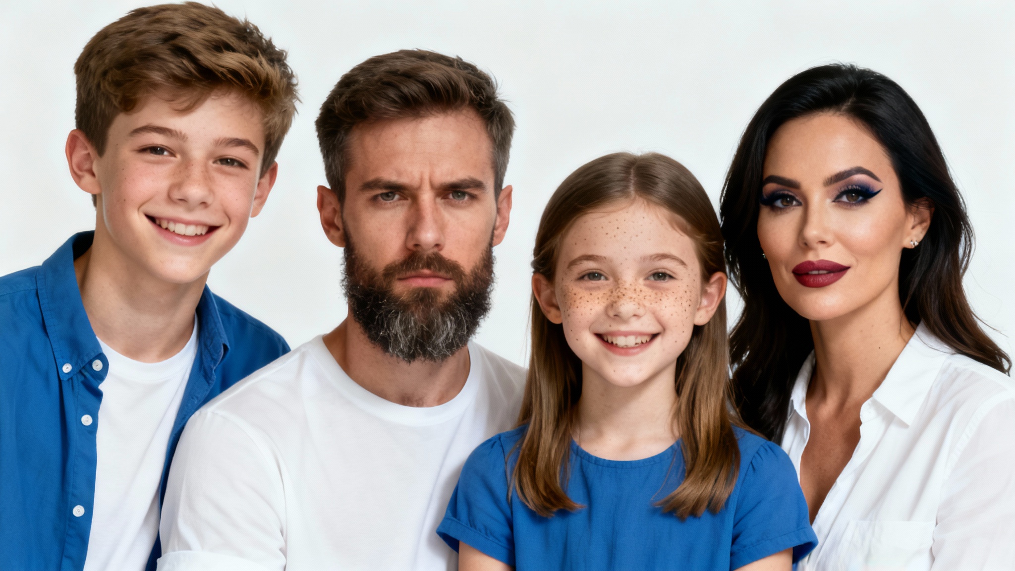 A humorous family portrait where the faces have been swapped: the father has his son's face, the son has the father's, the mother has her daughter's, and the daughter has her mother's face, all set against a clean studio background.