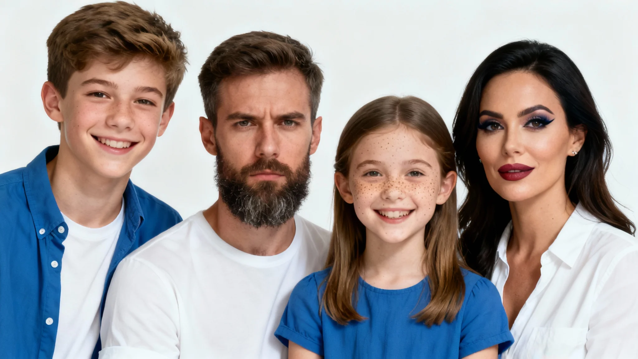 A humorous family portrait where the faces have been swapped: the father has his son's face, the son has the father's, the mother has her daughter's, and the daughter has her mother's face, all set against a clean studio background.