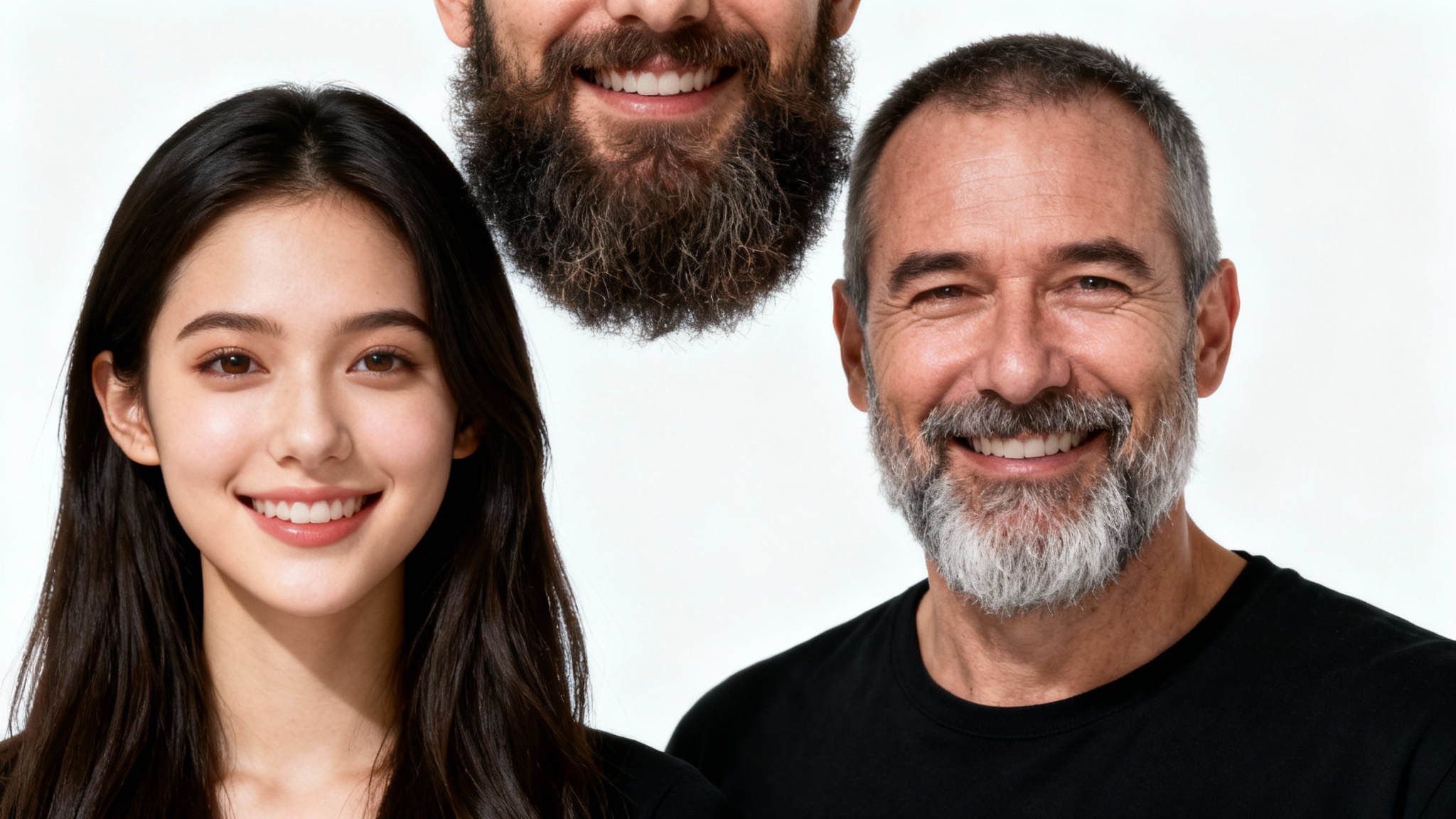 A humorous and photorealistic image depicting a seamless face swap between a young woman and an older man with a beard, set against a clean white background.
