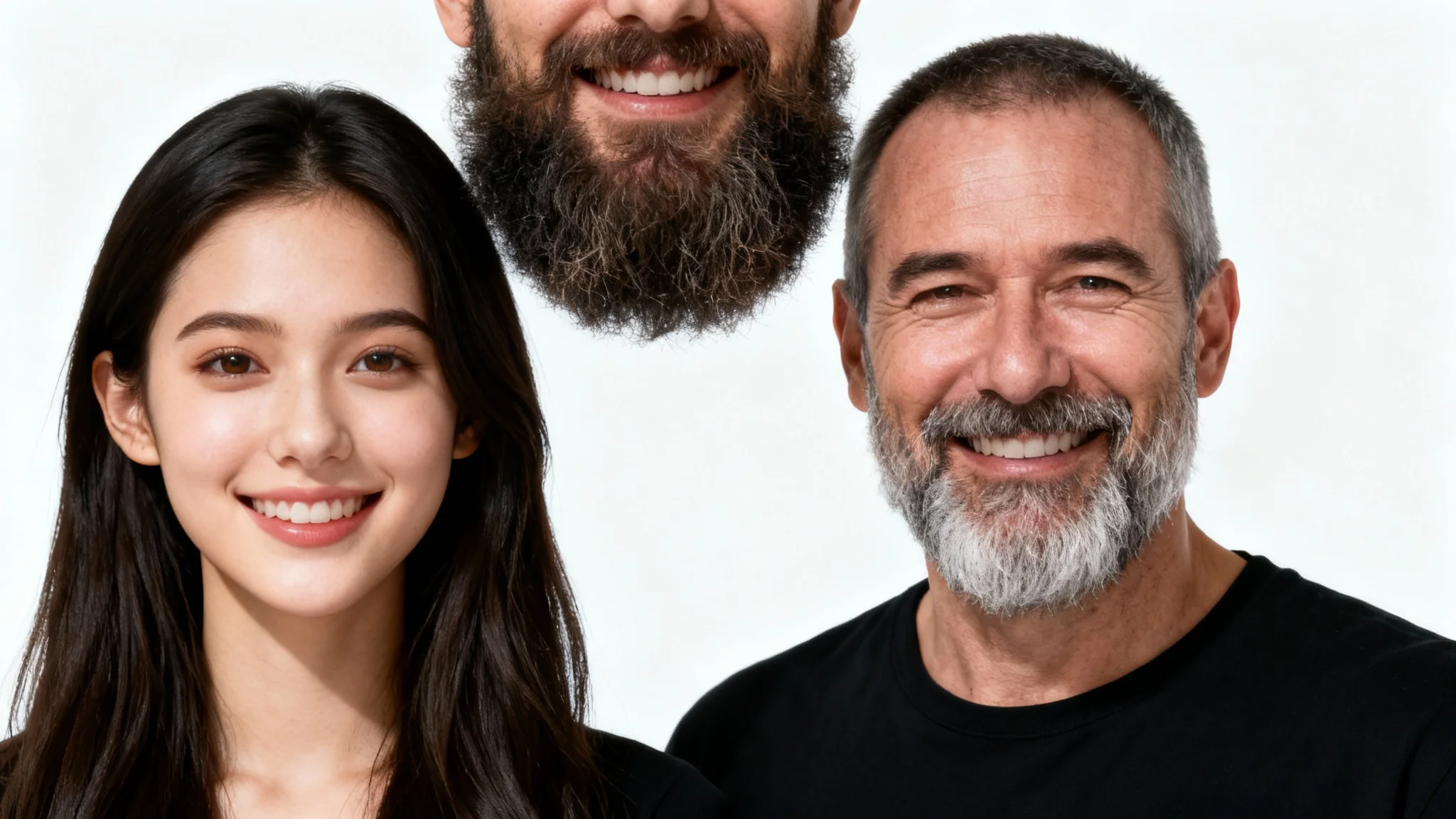 A humorous and photorealistic image depicting a seamless face swap between a young woman and an older man with a beard, set against a clean white background.
