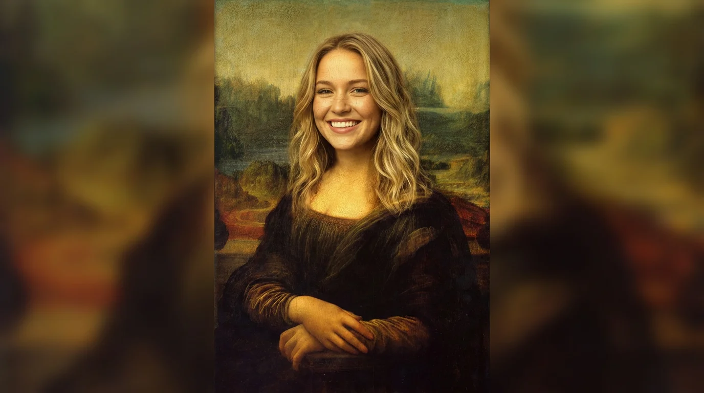 A creative face swap showing the body and background of the Mona Lisa painting, but with the head seamlessly replaced by a photorealistic smiling modern woman.