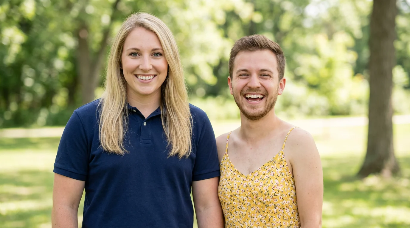 A digitally altered photograph showing a man and a woman who have swapped faces. The man's body has the woman's smiling face, and the woman's body has the man's laughing face, demonstrating a face swap effect.