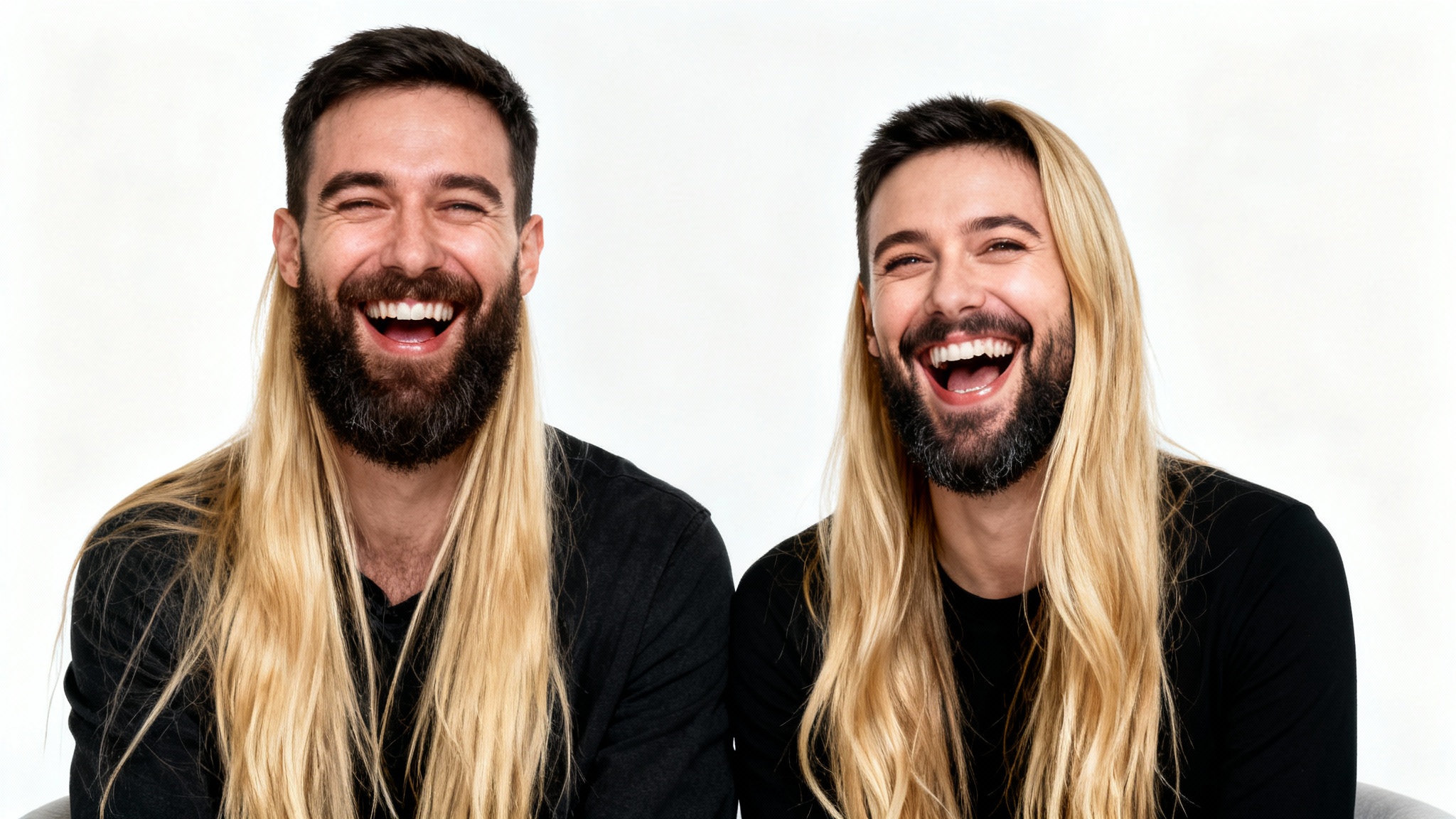 A photorealistic image humorously depicting a face swap between a man and a woman. The man has the woman's face and long blonde hair, and the woman has the man's bearded face and short hair, both are laughing.