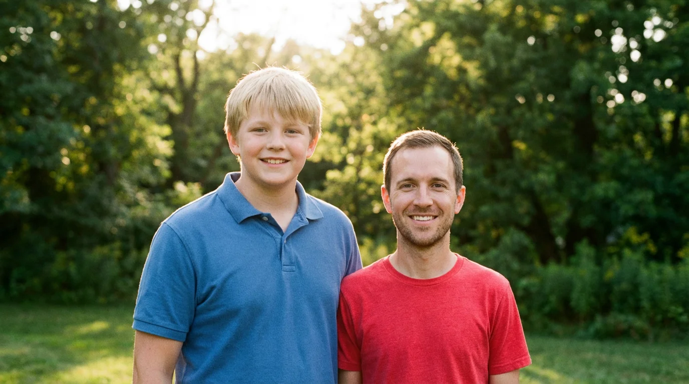 A humorous photo of a father and son who have swapped faces. The father's head is on the son's body, and the son's head is on the father's body, with both standing in a park.