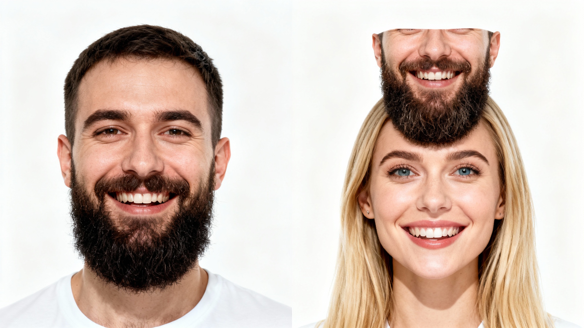 A before-and-after diptych showing a face swap. The left image shows a man with a beard and a woman. The right image shows the same couple, but their faces have been swapped for a humorous effect.