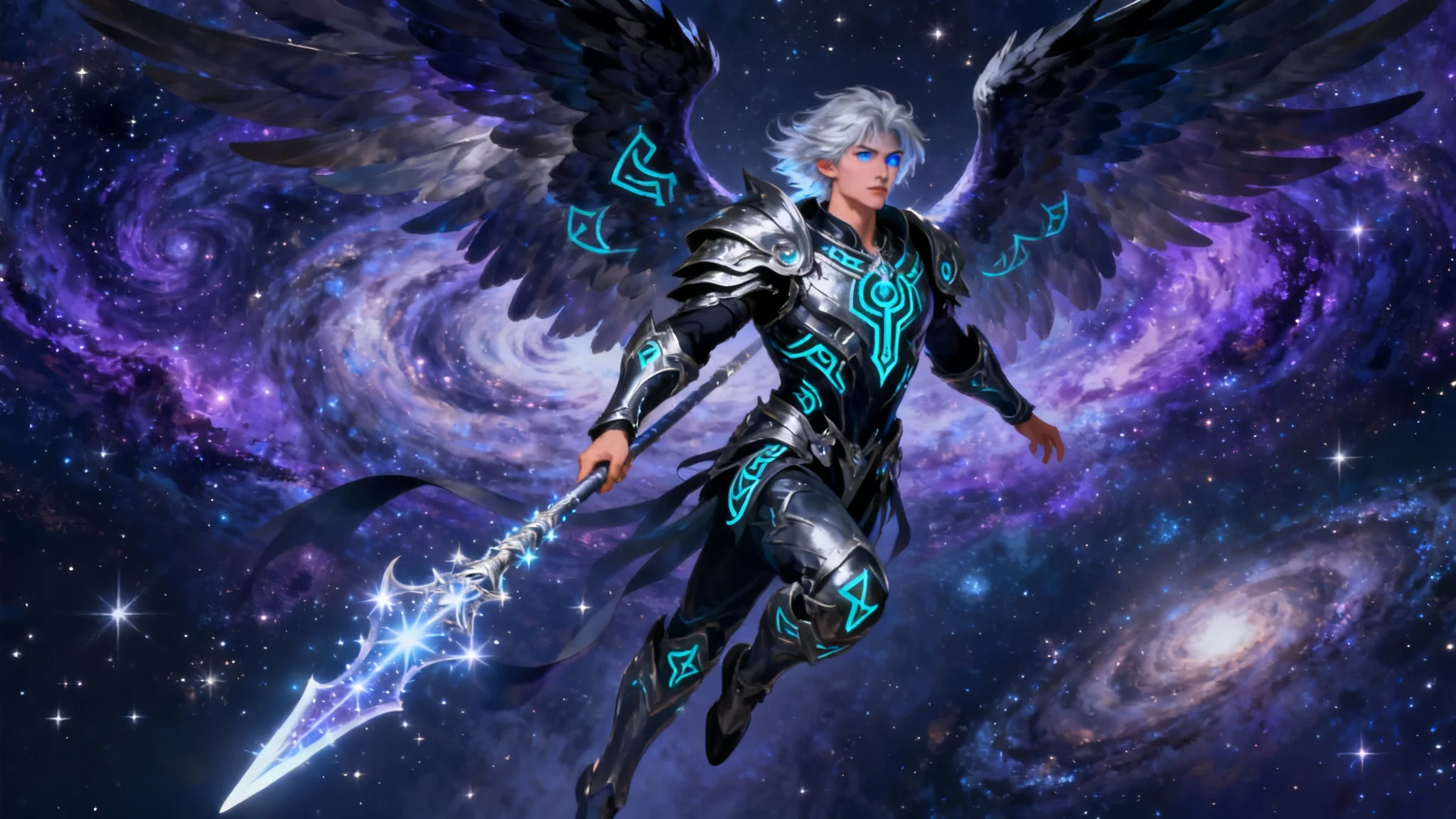 A finished digital illustration of a male angel original character design. He has silver hair, blue eyes, and wears dark, ornate armor with glowing runes. His six large wings look like a starry nebula, and he holds a spear made of light, floating against a cosmic background.
