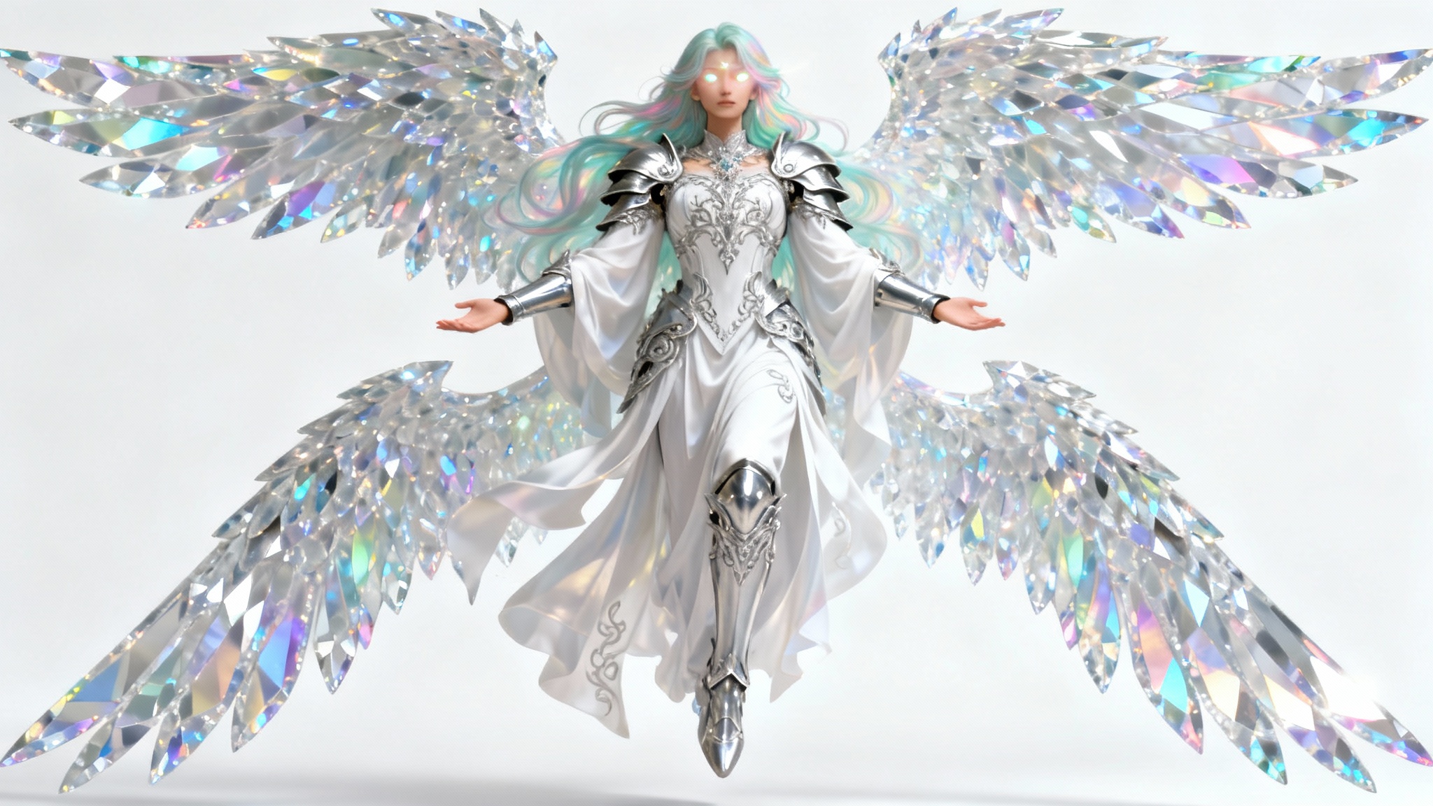 A digital art character design of a majestic angel with opalescent hair and glowing eyes. The angel has large, crystalline wings and wears white robes with silver armor, all set against a plain white background.