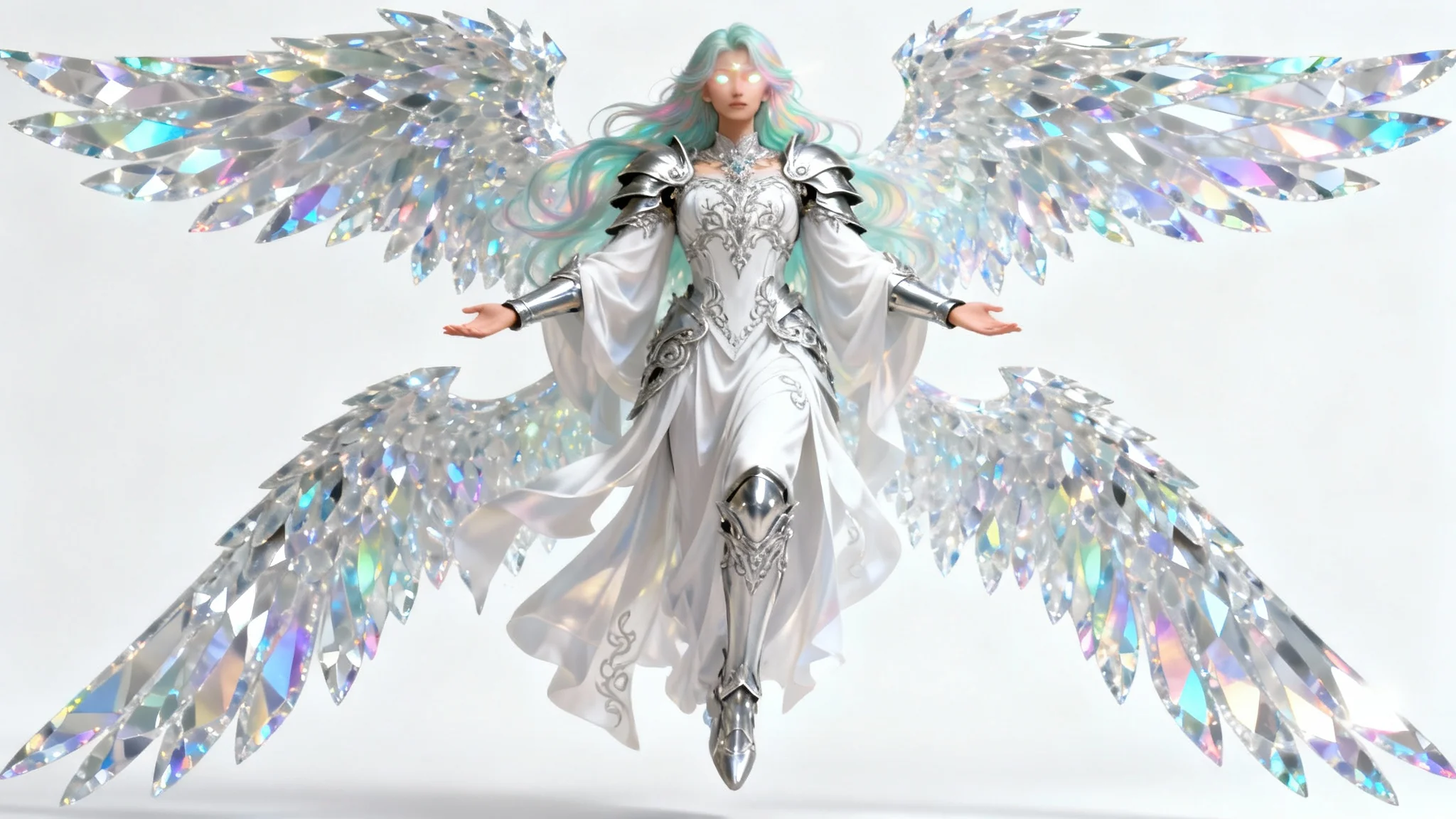 A digital art character design of a majestic angel with opalescent hair and glowing eyes. The angel has large, crystalline wings and wears white robes with silver armor, all set against a plain white background.