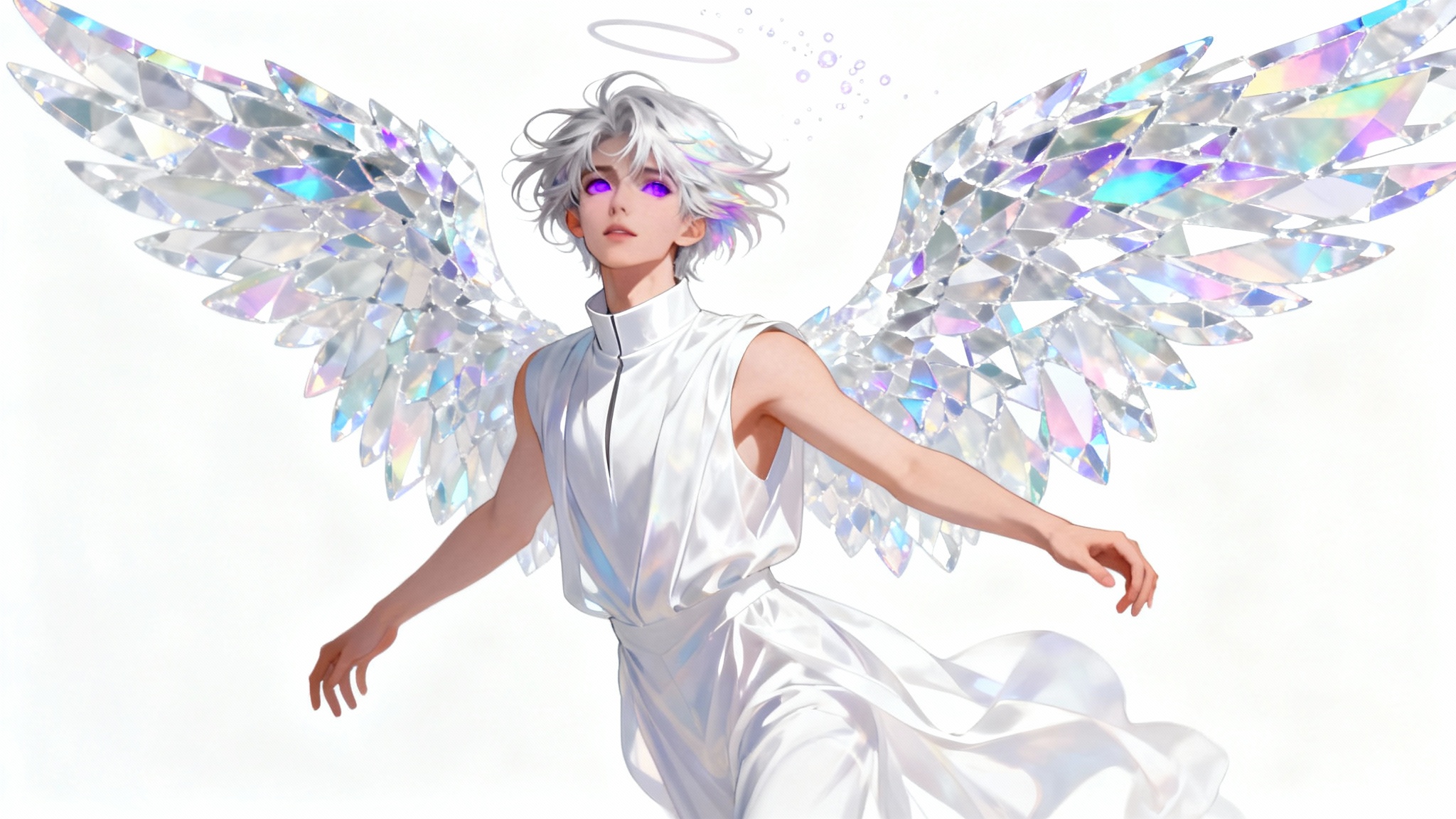 A hyper-detailed digital painting of an androgynous angel with crystalline rainbow wings and silver hair, posing against a clean white background.
