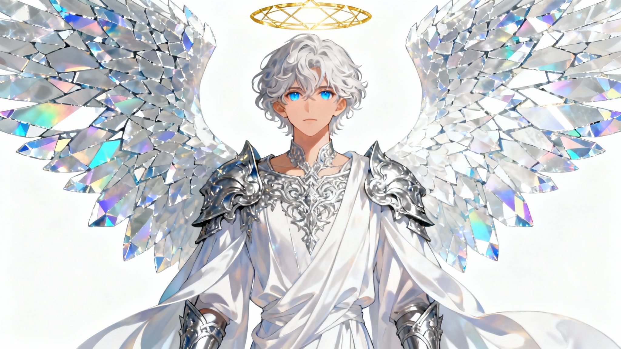 Full body concept art of an original character angel with crystalline light wings and silver-white hair against a white background.