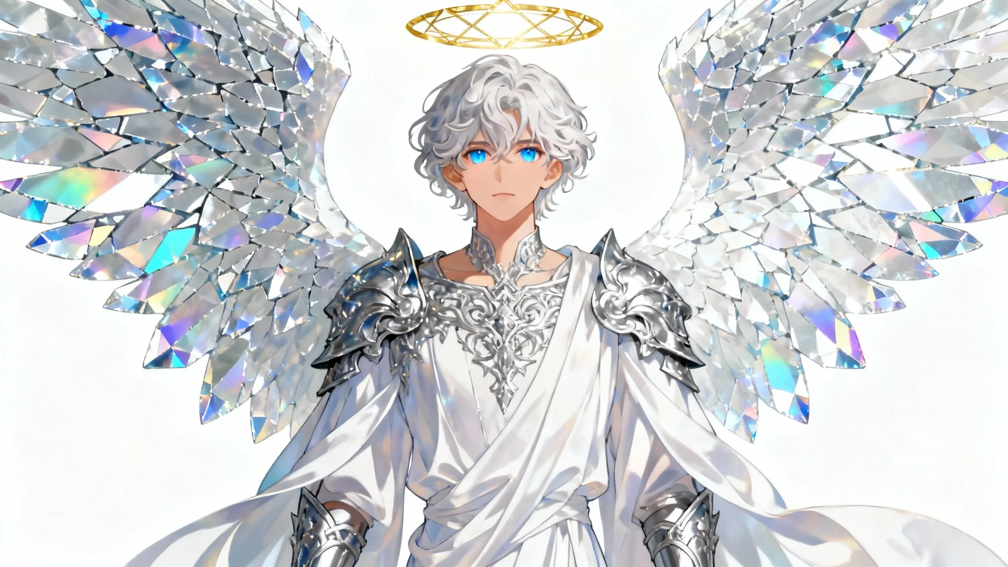 Full body concept art of an original character angel with crystalline light wings and silver-white hair against a white background.