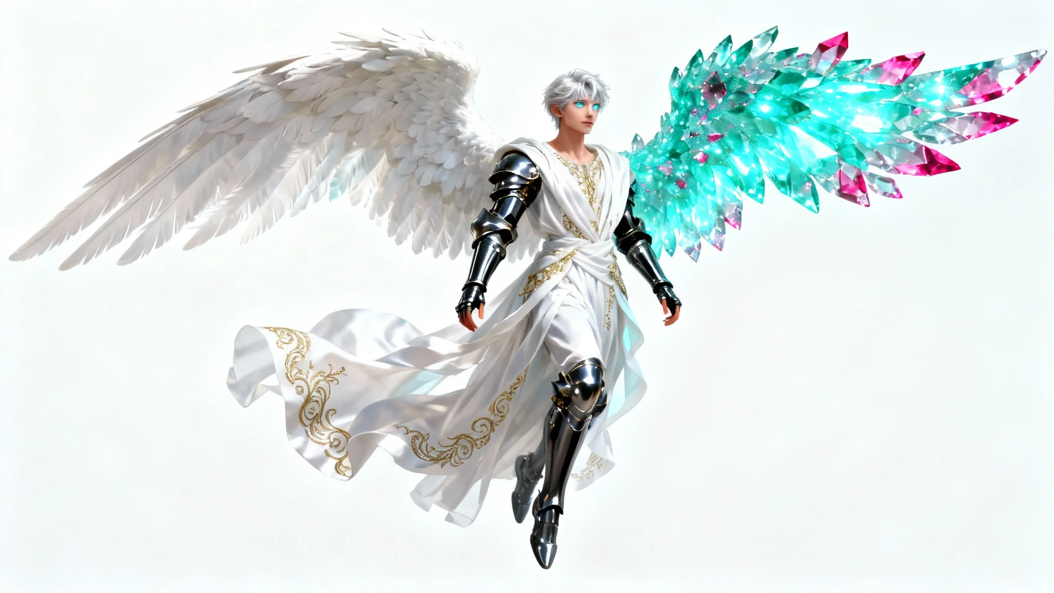 A digital concept art of an angel original character design against a white background. The angel has one feathered wing and one glowing crystal wing and is wearing elegant white robes and dark chrome armor.