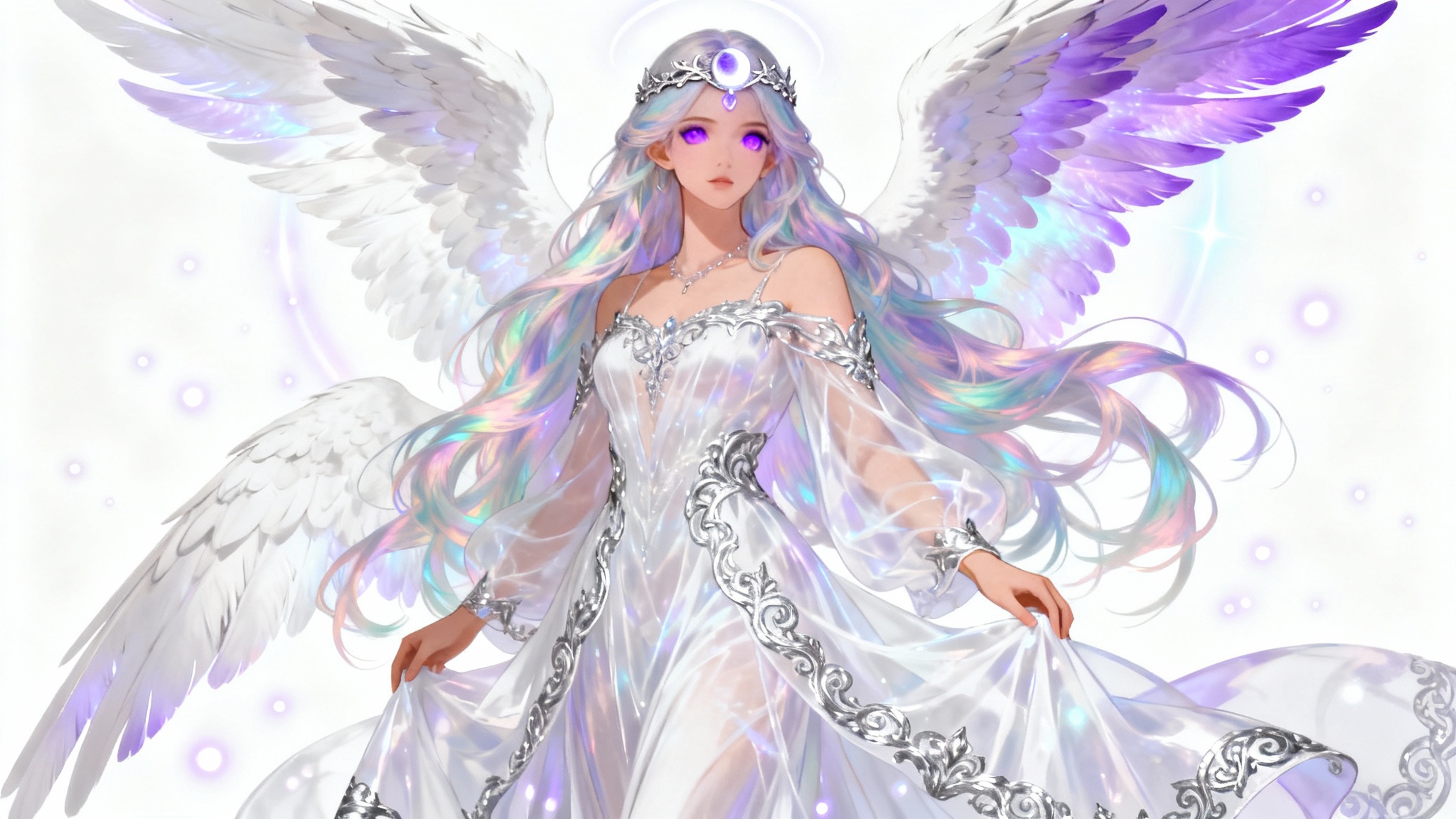 A full-body digital painting of a female angel original character against a white background. She has long opalescent hair, purple eyes, and large, white-to-lavender gradient wings, wearing an elegant white and silver gown.