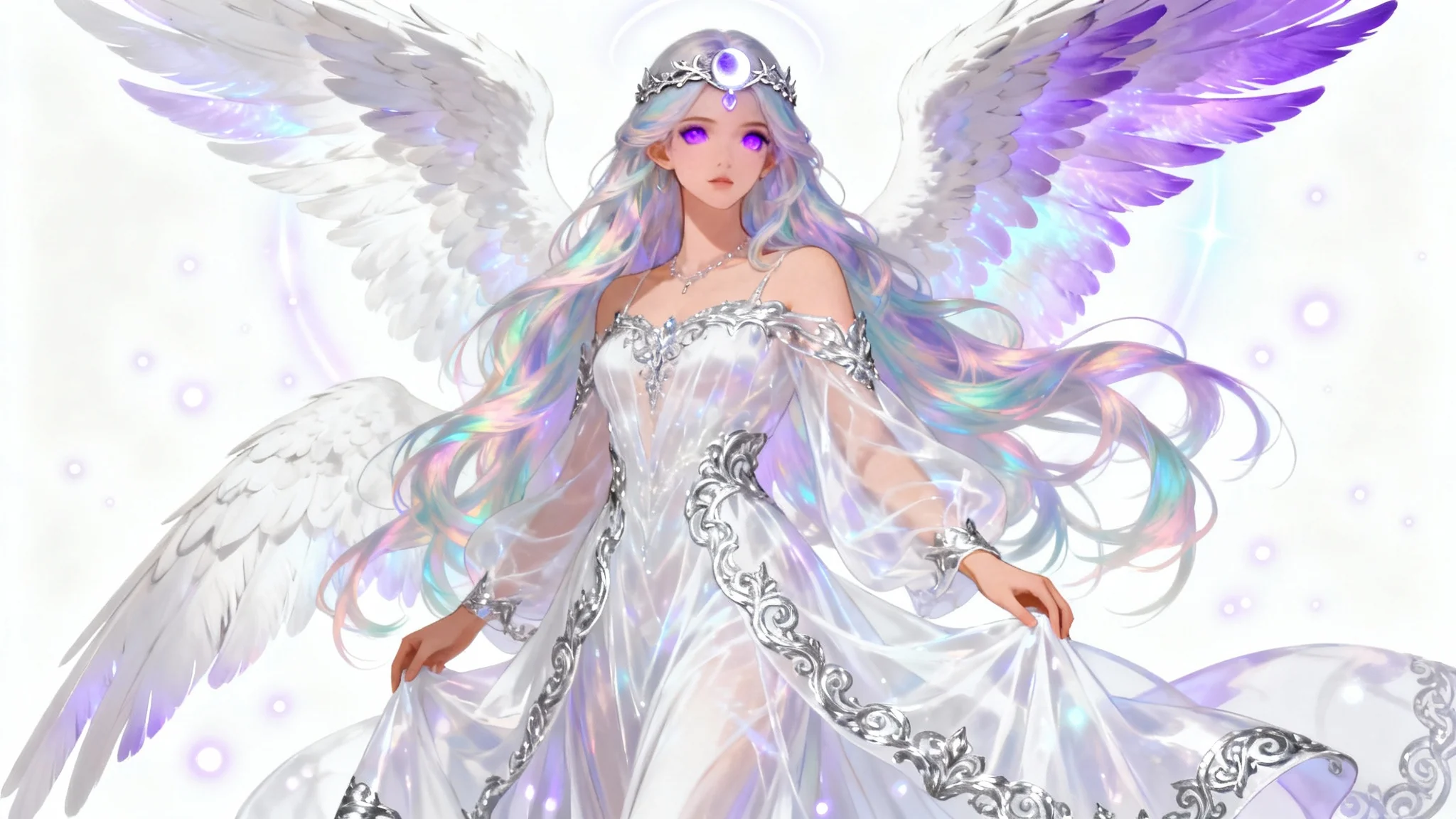 A full-body digital painting of a female angel original character against a white background. She has long opalescent hair, purple eyes, and large, white-to-lavender gradient wings, wearing an elegant white and silver gown.