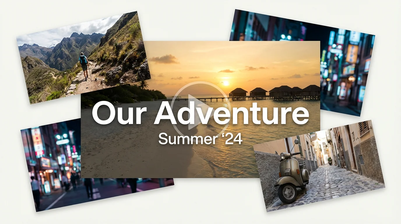 A 16:9 hero image displaying a finished travel reel, shown as a collage of travel photos from various destinations with a text overlay reading 'Our Adventure' and 'Summer '24'.