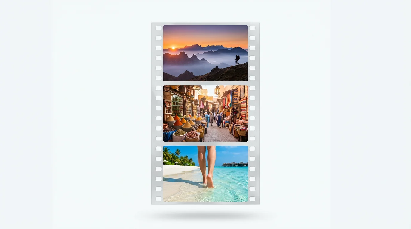 A mockup representing a travel reel, shown as a vertical film strip on a white background. The film strip contains three distinct travel scenes: a mountain sunrise, a bustling Moroccan market, and a tropical beach.