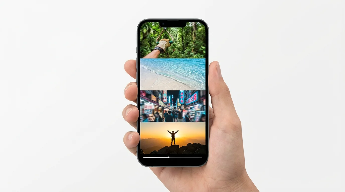 A hand holding a smartphone against a white background. The phone screen displays a vibrant travel reel with exciting clips of ziplining, beaches, city nights, and mountain hiking.