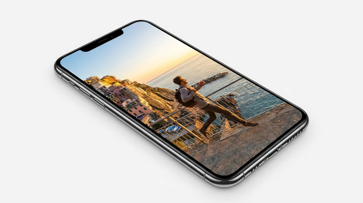 A photorealistic mockup of a modern smartphone displaying a still image from a travel reel showing a scenic view of Positano, Italy at sunset. The phone is set against a clean white background.