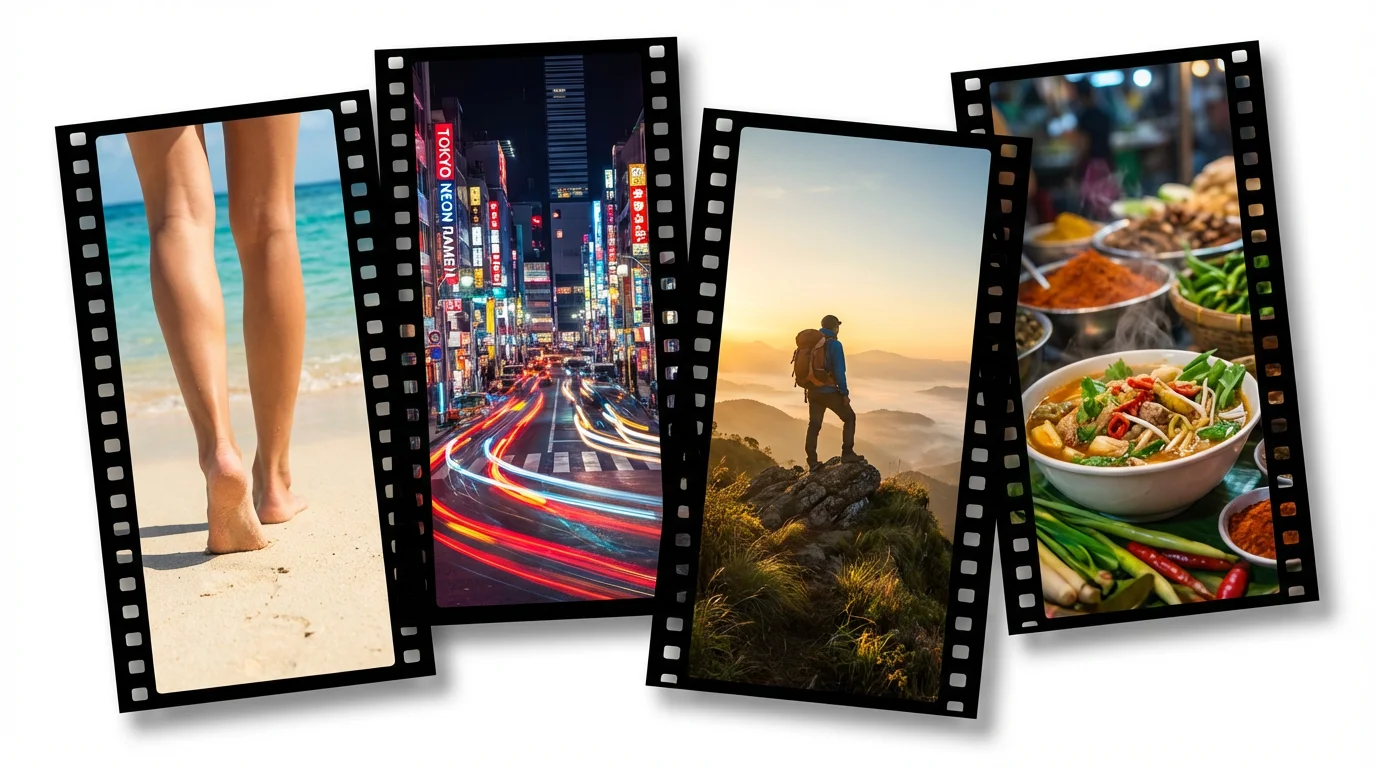 A collage of four vertical image strips against a white background, simulating a travel reel. The images depict a tropical beach, a neon-lit city at night, a mountain sunrise, and a close-up of street food.