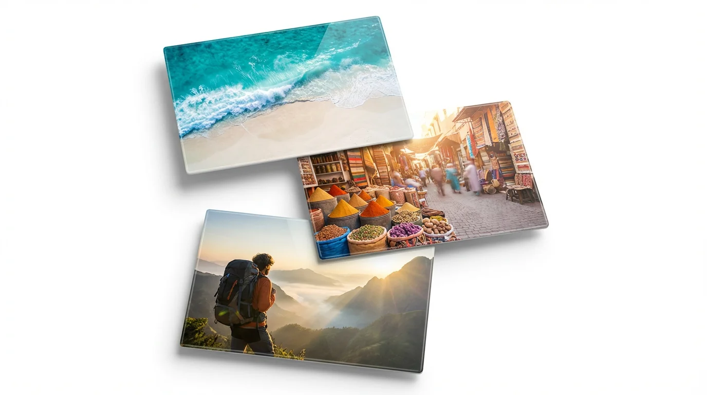 A mockup of a travel reel, showing a dynamic vertical stack of three photos: an aerial beach view, a colorful Moroccan market, and a hiker overlooking a mountain valley, all on a clean white background.