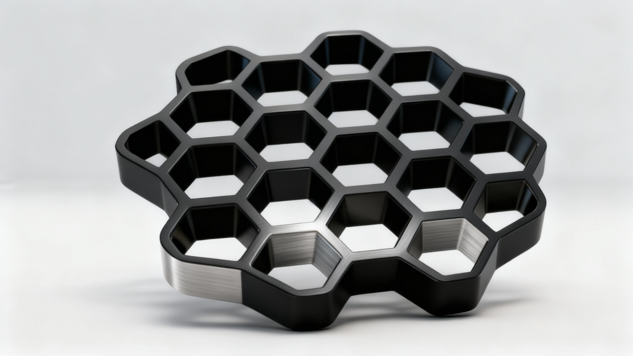 A close-up, photorealistic image of a sleek, matte black industrial component featuring a precise and intricate honeycomb pattern, set against a clean studio background.