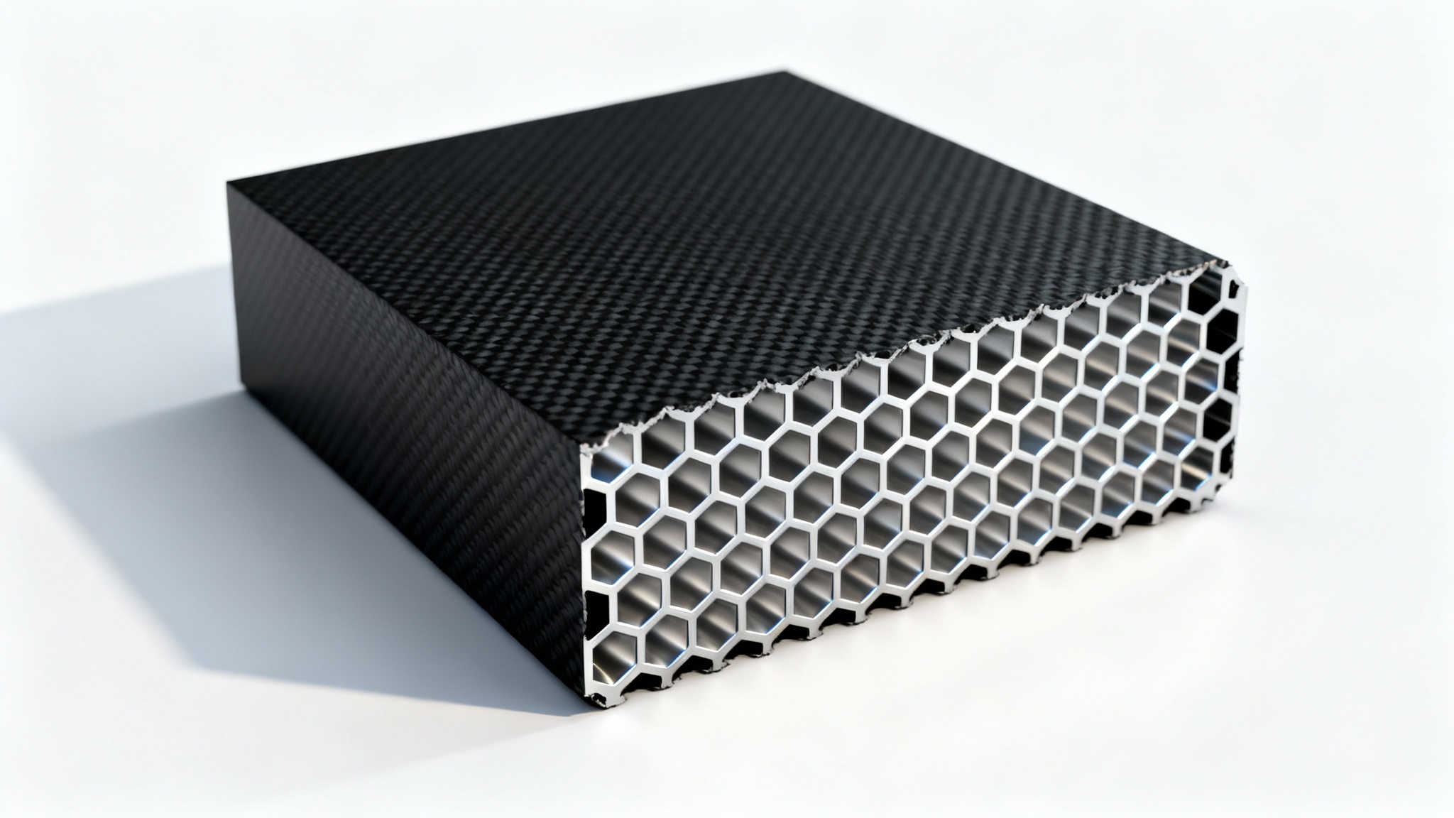 A detailed 3D render of a modern industrial component cut to reveal its strong and lightweight internal honeycomb structure, isolated on a white background.