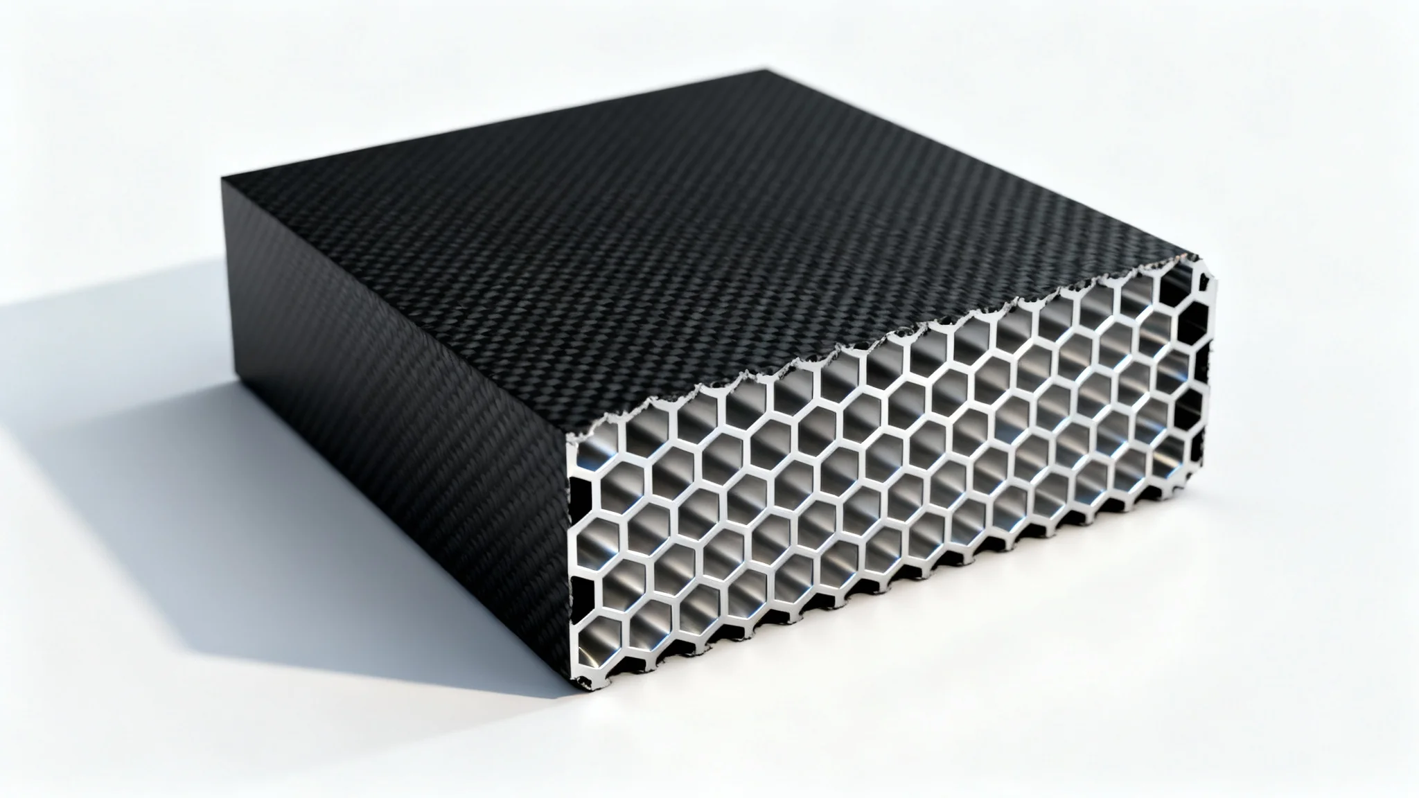 A detailed 3D render of a modern industrial component cut to reveal its strong and lightweight internal honeycomb structure, isolated on a white background.