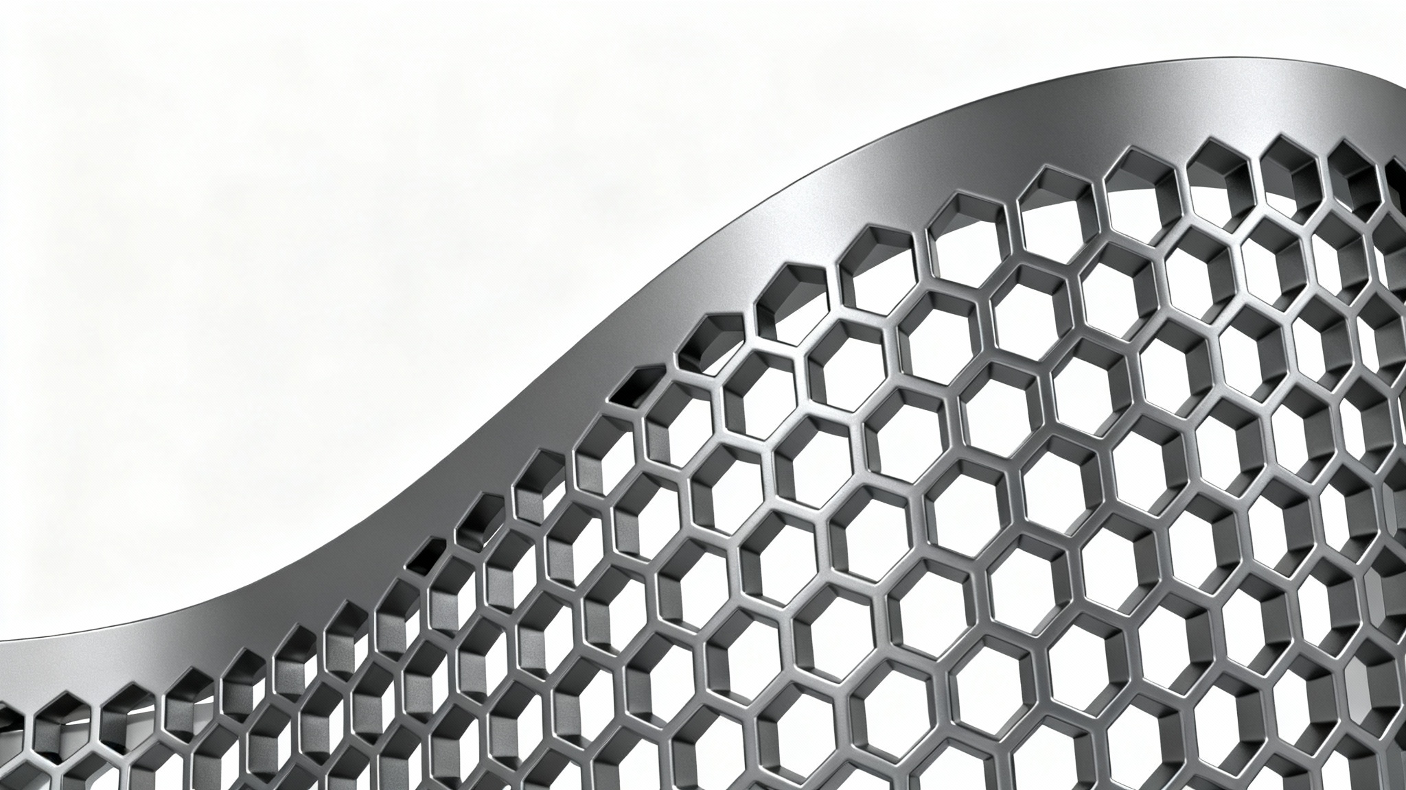 A close-up 3D render of a curved metallic panel with a precise honeycomb lattice pattern, isolated on a clean white background, showcasing advanced engineering.