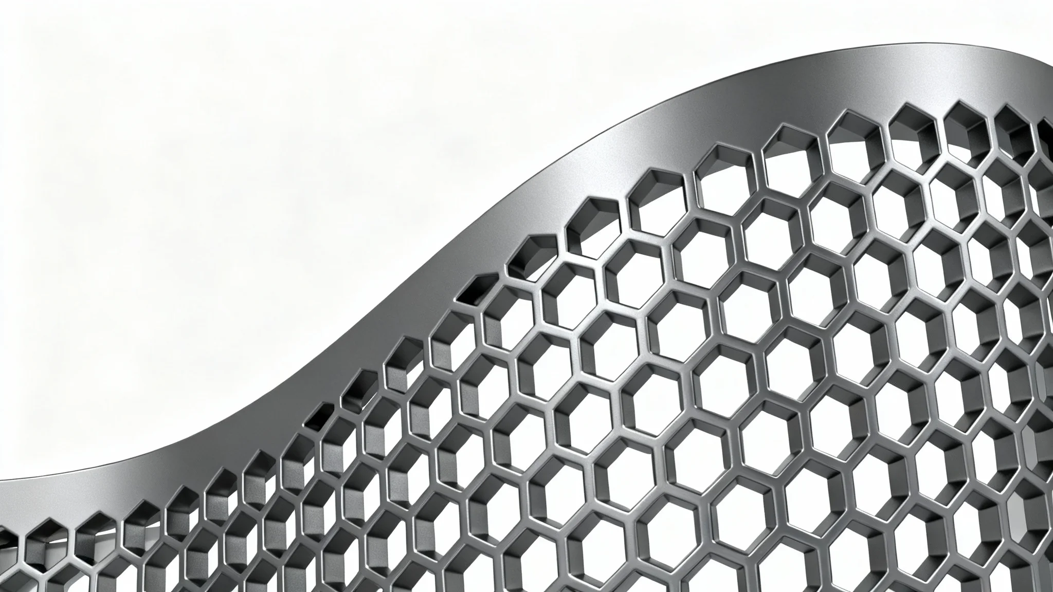A close-up 3D render of a curved metallic panel with a precise honeycomb lattice pattern, isolated on a clean white background, showcasing advanced engineering.