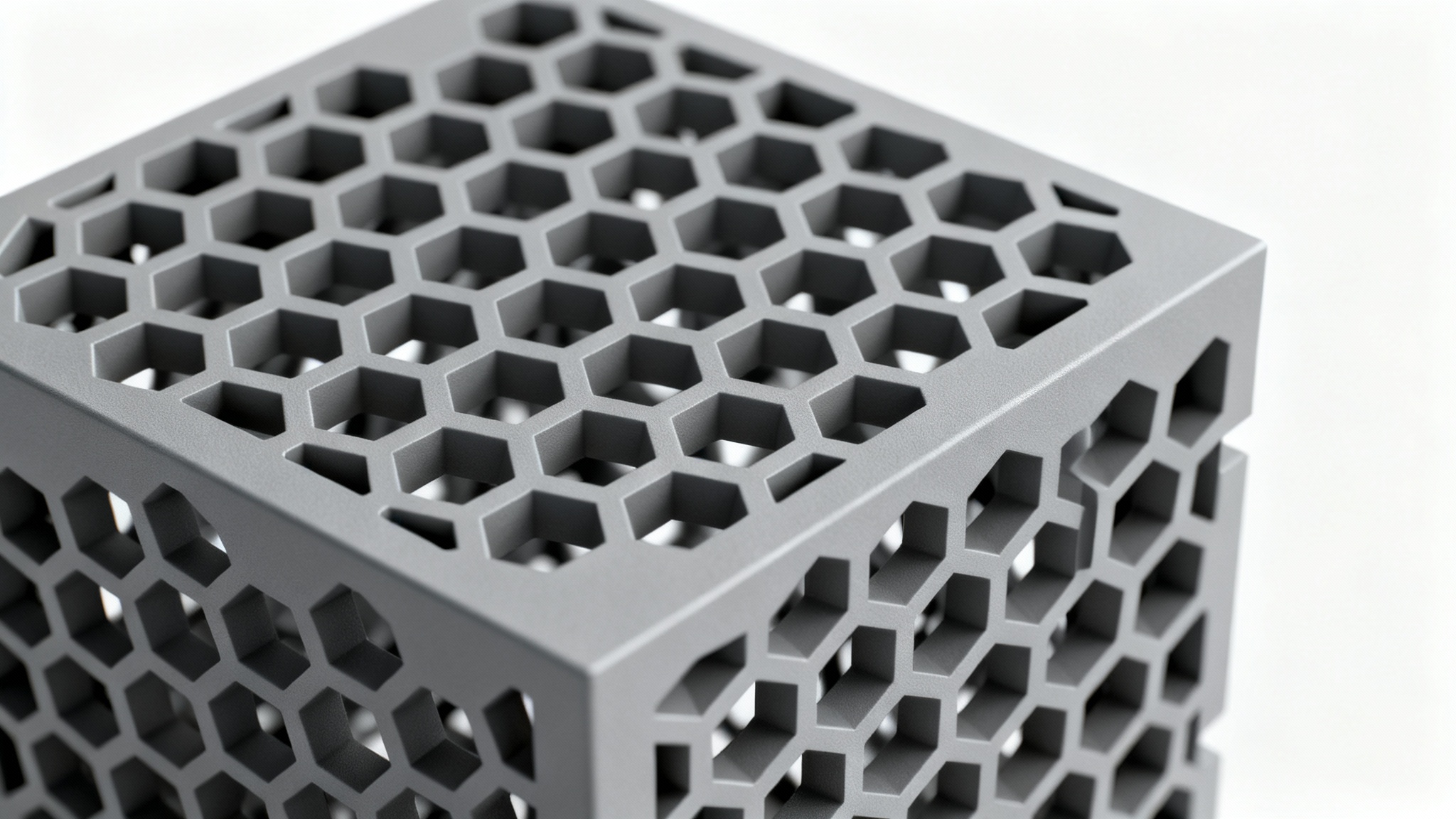 A photorealistic 3D rendering of an engineered component with a detailed honeycomb pattern, shown on a clean white background to emphasize its precision and design.